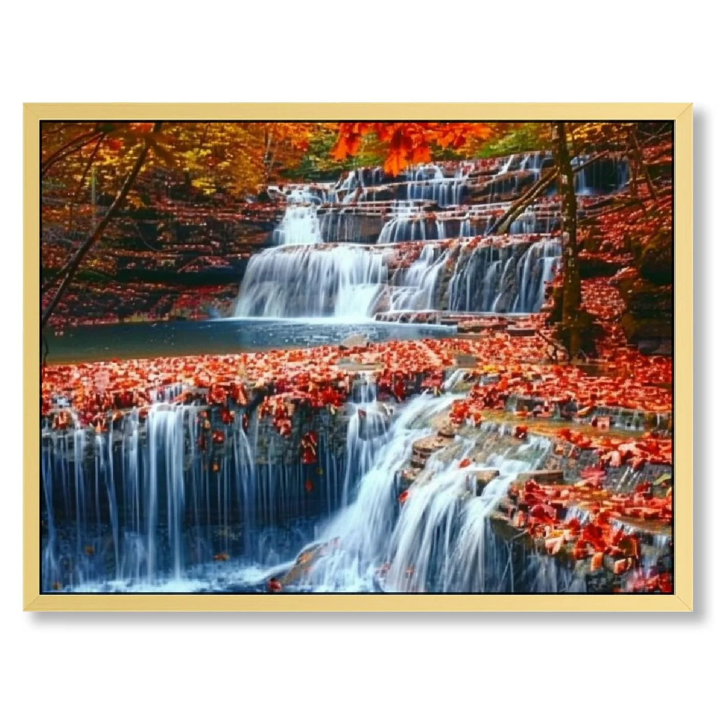 Nature Pictures Wall Decor Autumn Waterfall Canvas Wall Art Red Fall Forest Landscape Painting for Bedroom Wall Decor Stretched and Framed Ready to Hang