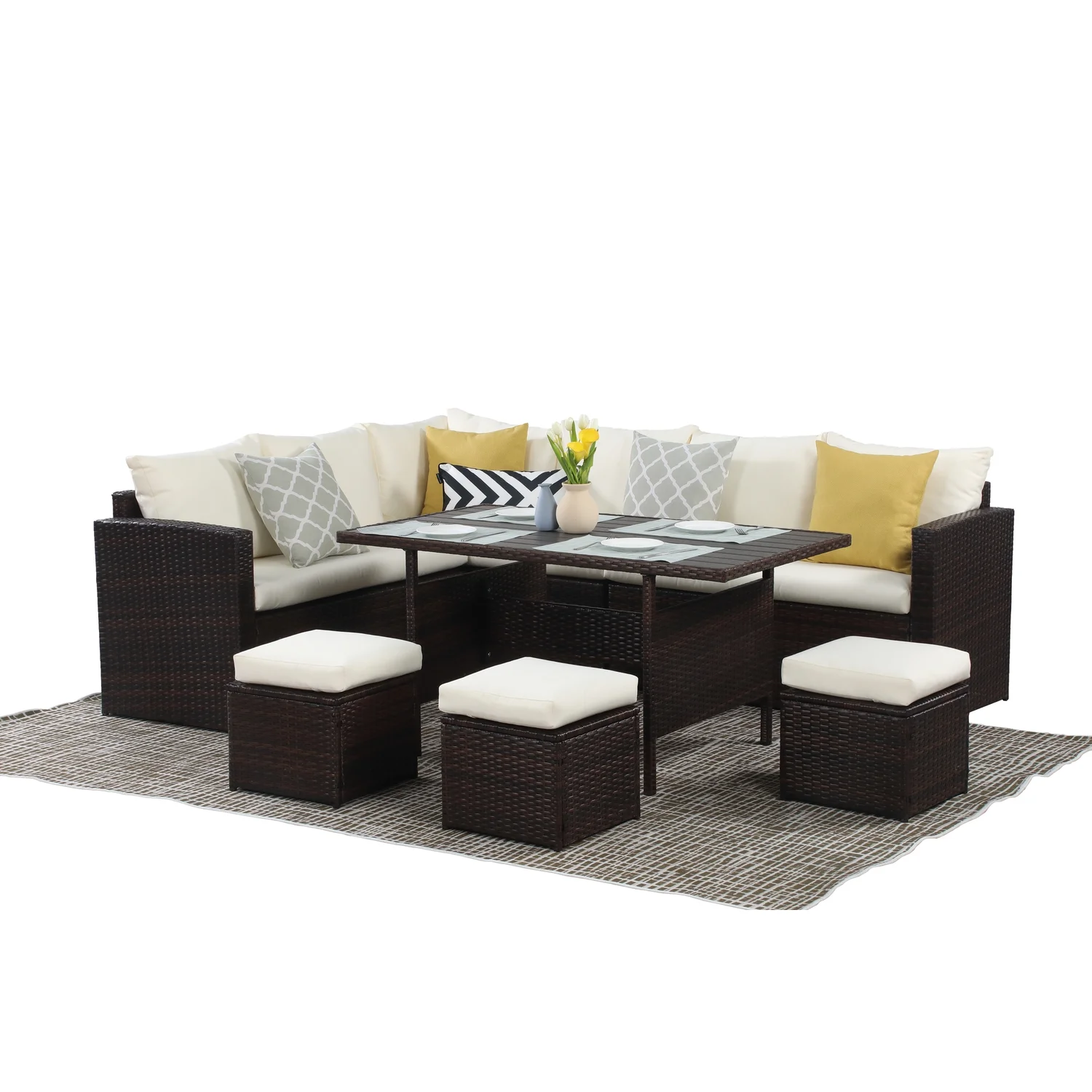 MOOOTTO 7-Pieces PE Rattan Wicker Patio Dining Sectional Cusions Sofa Set