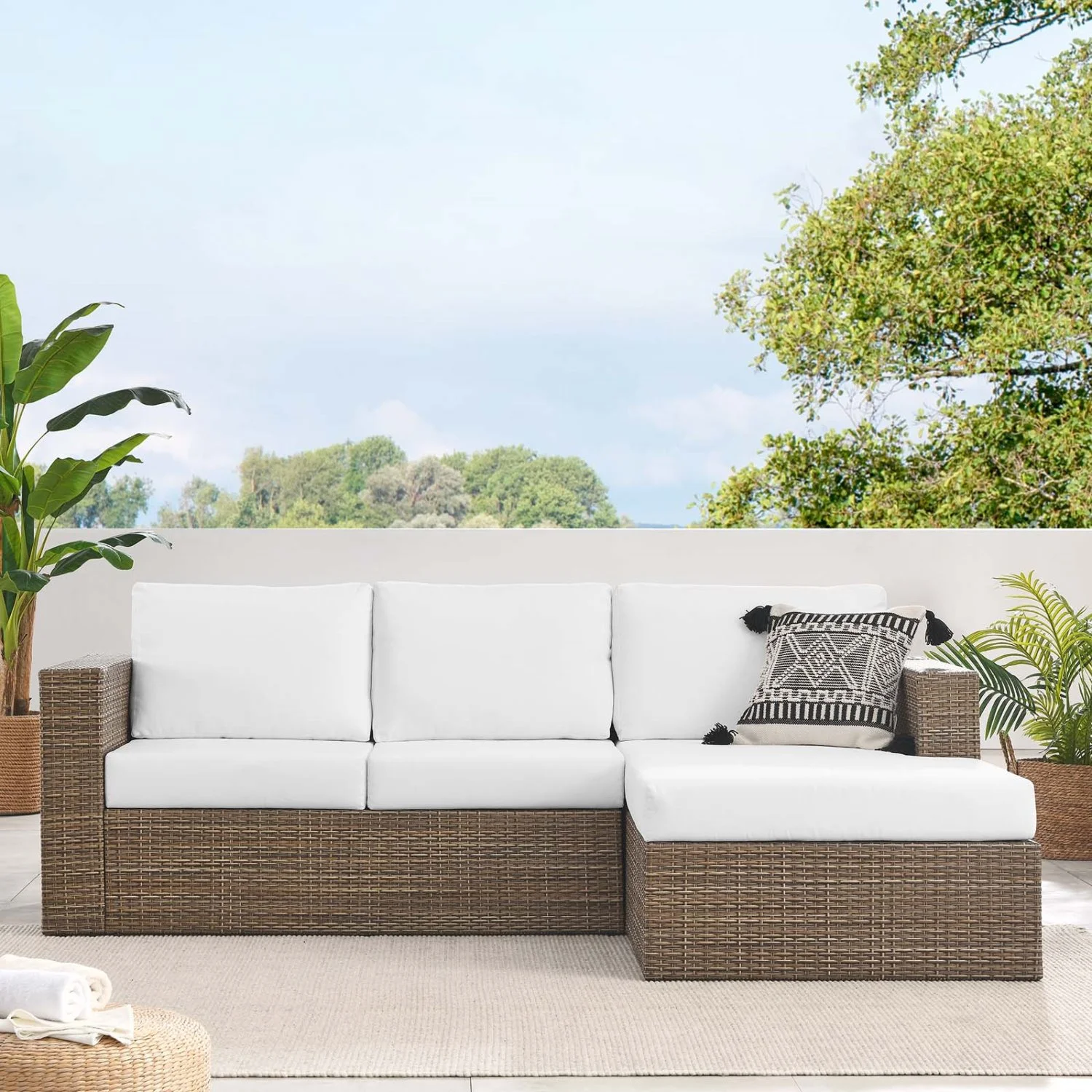 Lounge Sectional Sofa Set, White, Rattan, Wicker, Outdoor Patio Balcony Cafe Bistro Garden Hospitality Restaurant, Modern Contemporary HB34704