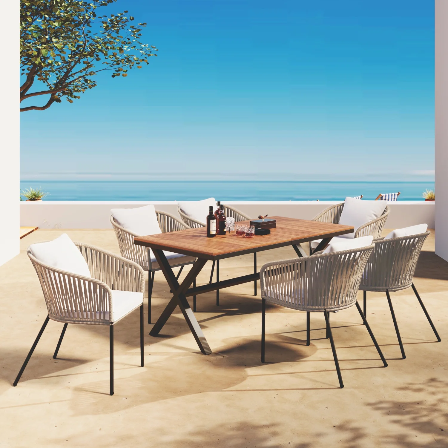 Elegant 7-Piece All-Weather Outdoor Dining Set with Acacia Wood Tabletop and Metal Frame - Perfect for Garden  Backyard  or Balcony - Includes Dining Table and Chairs in Stylish Beige Col