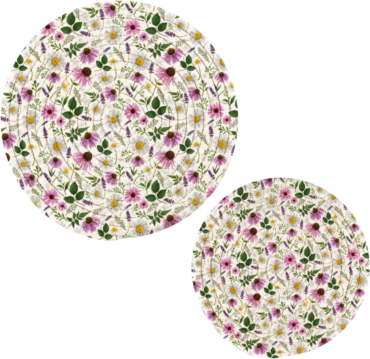 SKYSONIC Summer Bright Flowers Pot Holders Trivets, 2 Pcs Heat Resistant Trivets,Funny Floral Cotton Thread Weave Mats for Hot Pads Pans Pot Bowl Teapot for Kitchen Decor