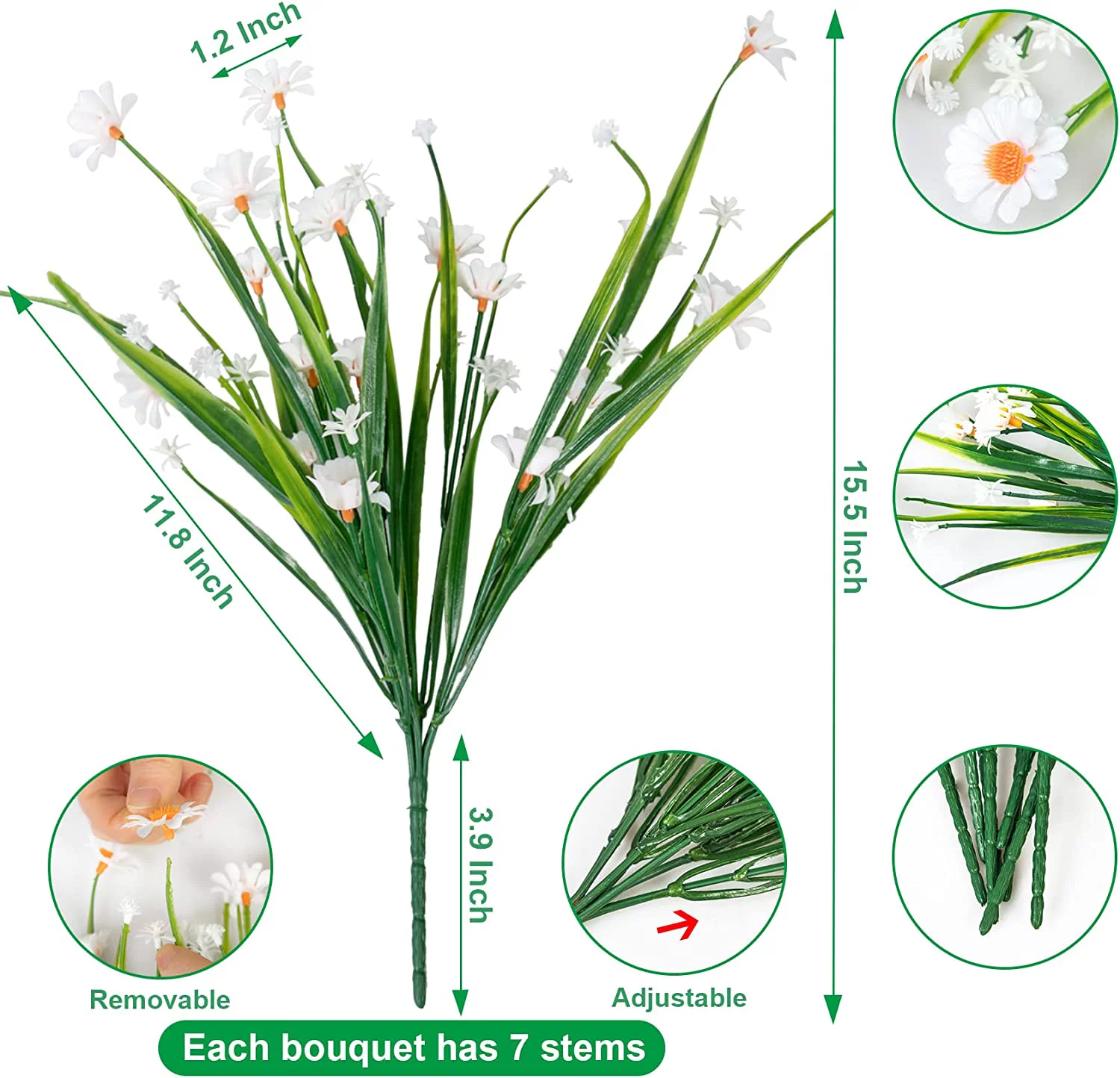 Zukuco 8 Bundles Artificial Daisy Flowers Fake White Daisies Plants Greenery Stems UV Resistant for Spring Decor Outdoors Indoor Party Garden Hanging Planter Window Box Decorations