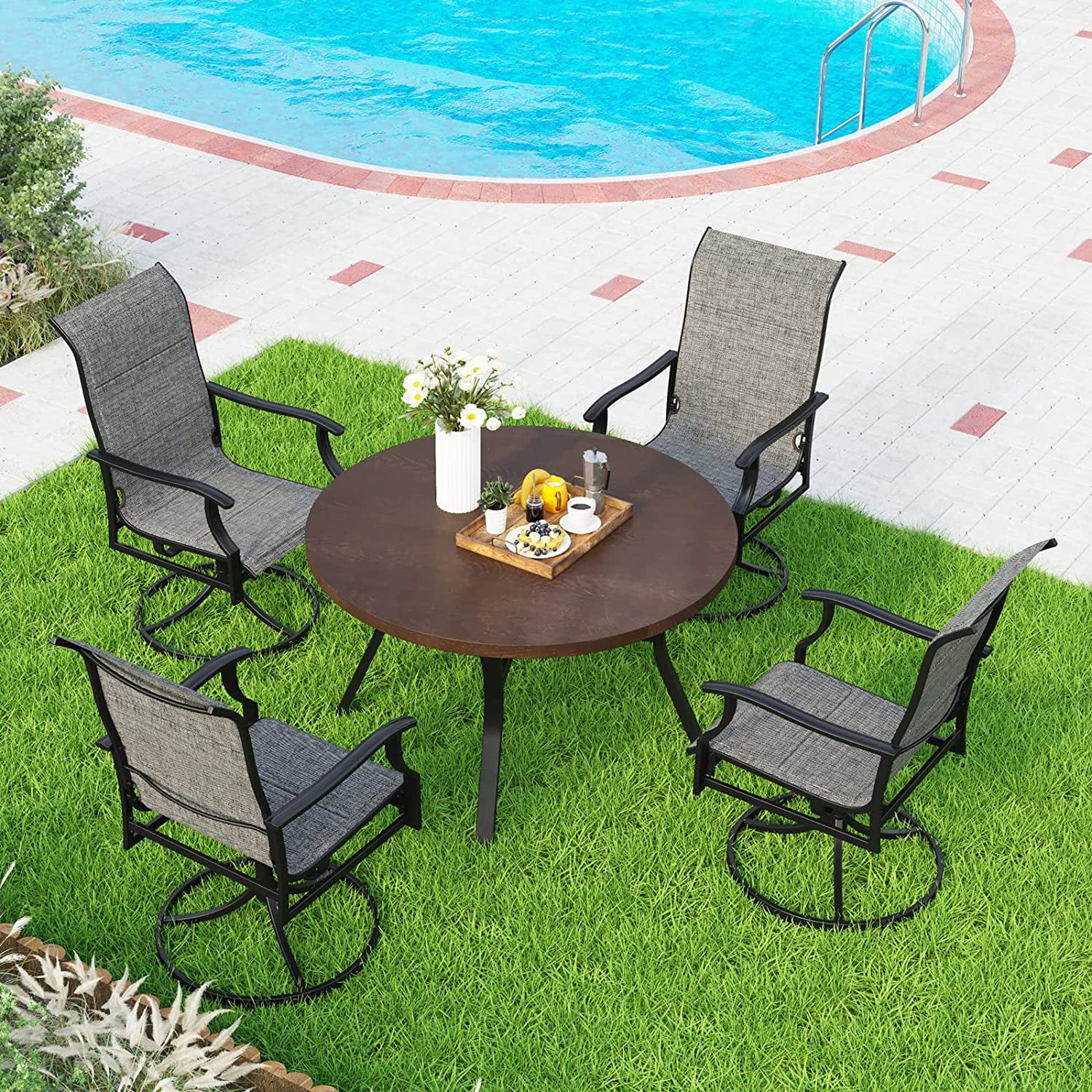 5 Piece Outdoor Patio Dining Set 4 Sling Dining Swivel Chairs and 37" Square Wrought Iron Slat Table with 1.57" Umbrella Hole Furniture Sets for Lawn Backyard Garden