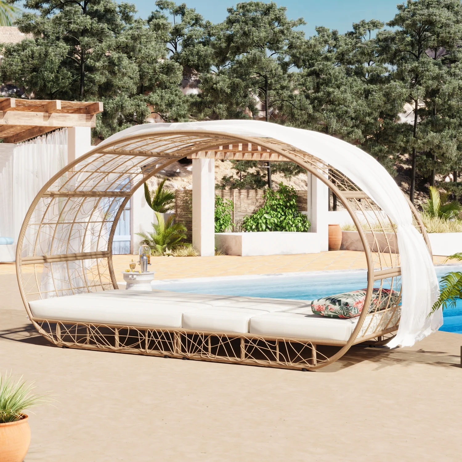 Beige Cushioned GO 90.55” Outdoor Patio Daybed with Colorful Pillow  Adjustable Backrest Wicker Sunbed  Lounge Chairs with Curtain   Recliners for Pool Garden Backyard  Natural Wicker Des