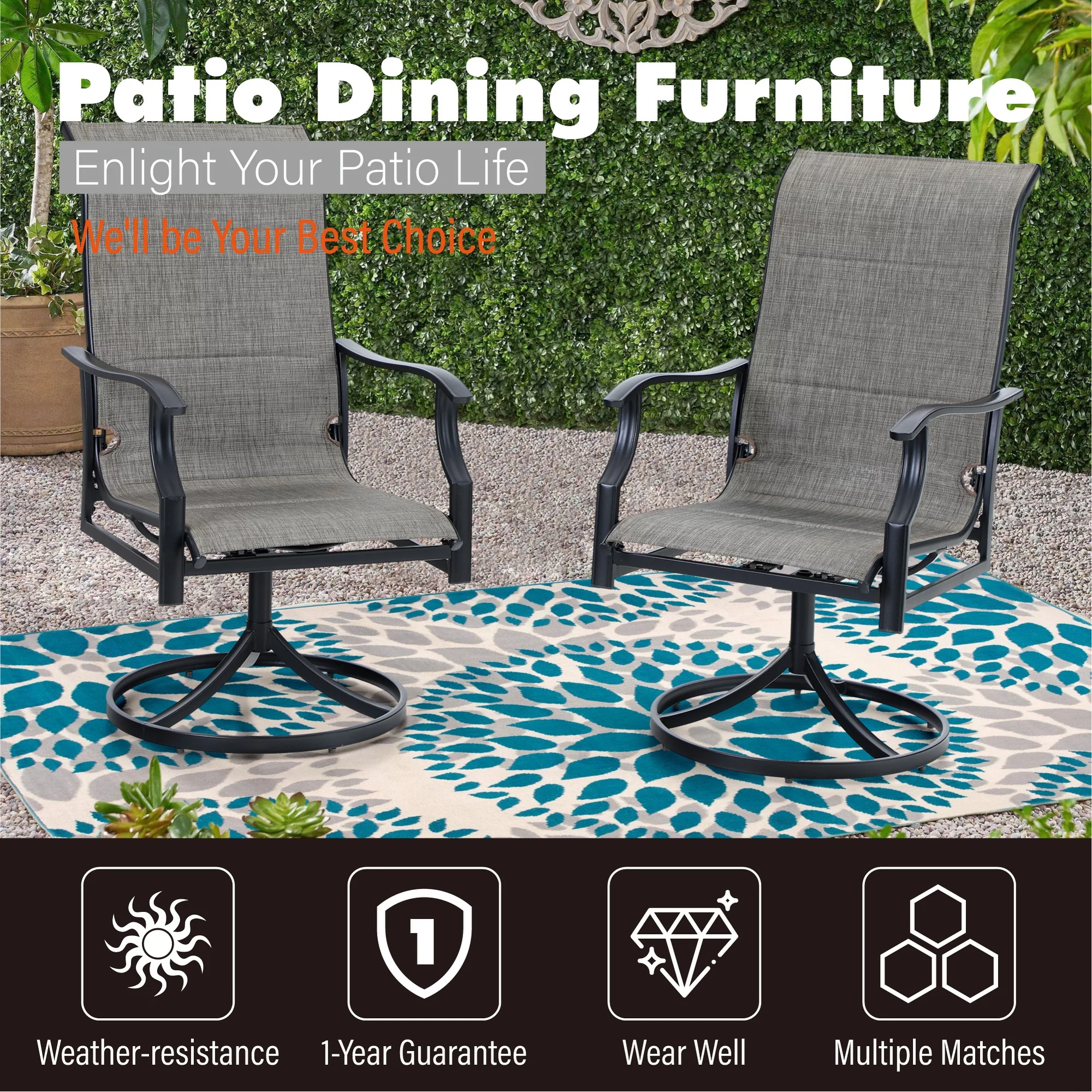 Patio Dining Set , 4/6  Textilene Chairs and 1 Wood-like Table with Umbrella Hole +Swivel Chairs 37
