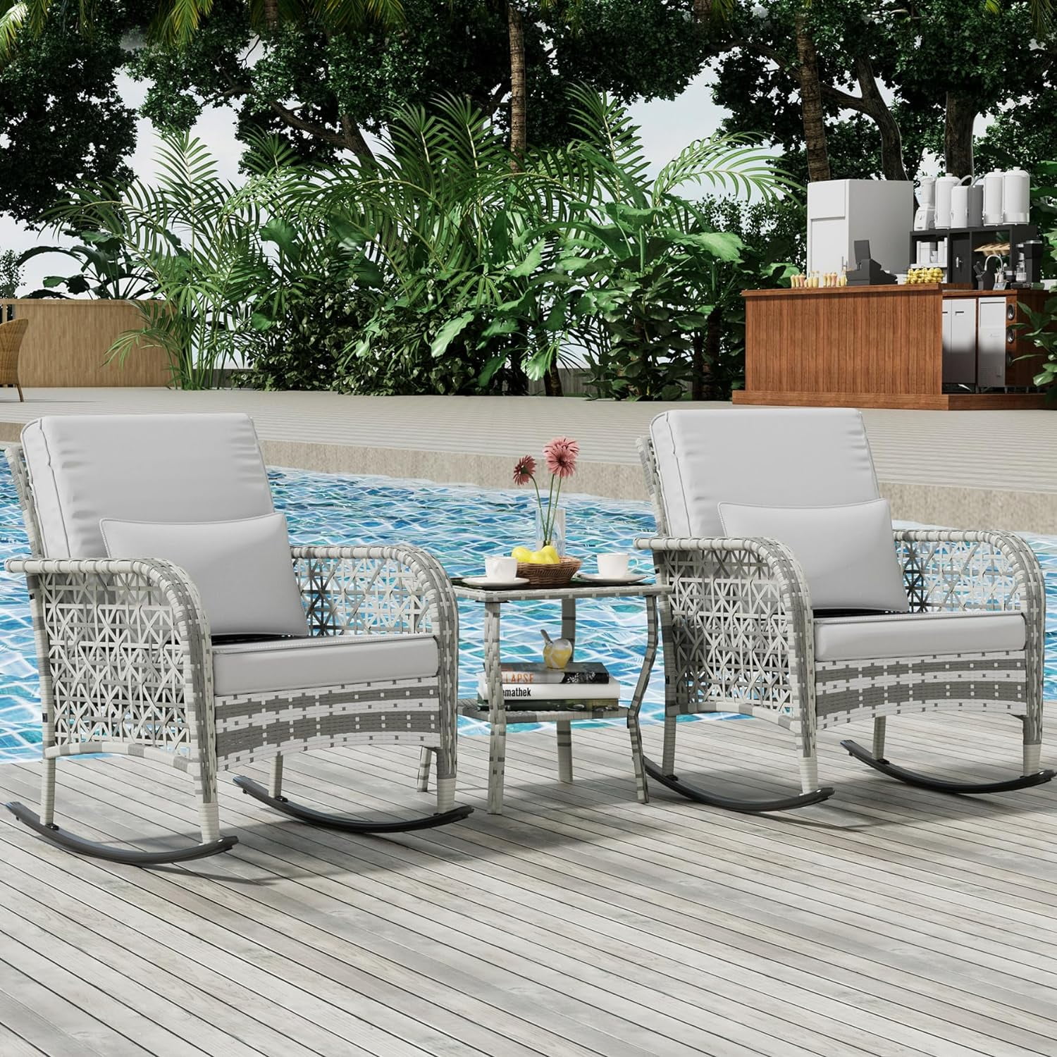 Dina 3-Piece Gray Wicker Patio Rocking Chairs Set  Rocking Wicker Bistro Set  Outdoor Furniture Conversation Set with Porch Chairs and Glass Coffee Table  Slate Grey
