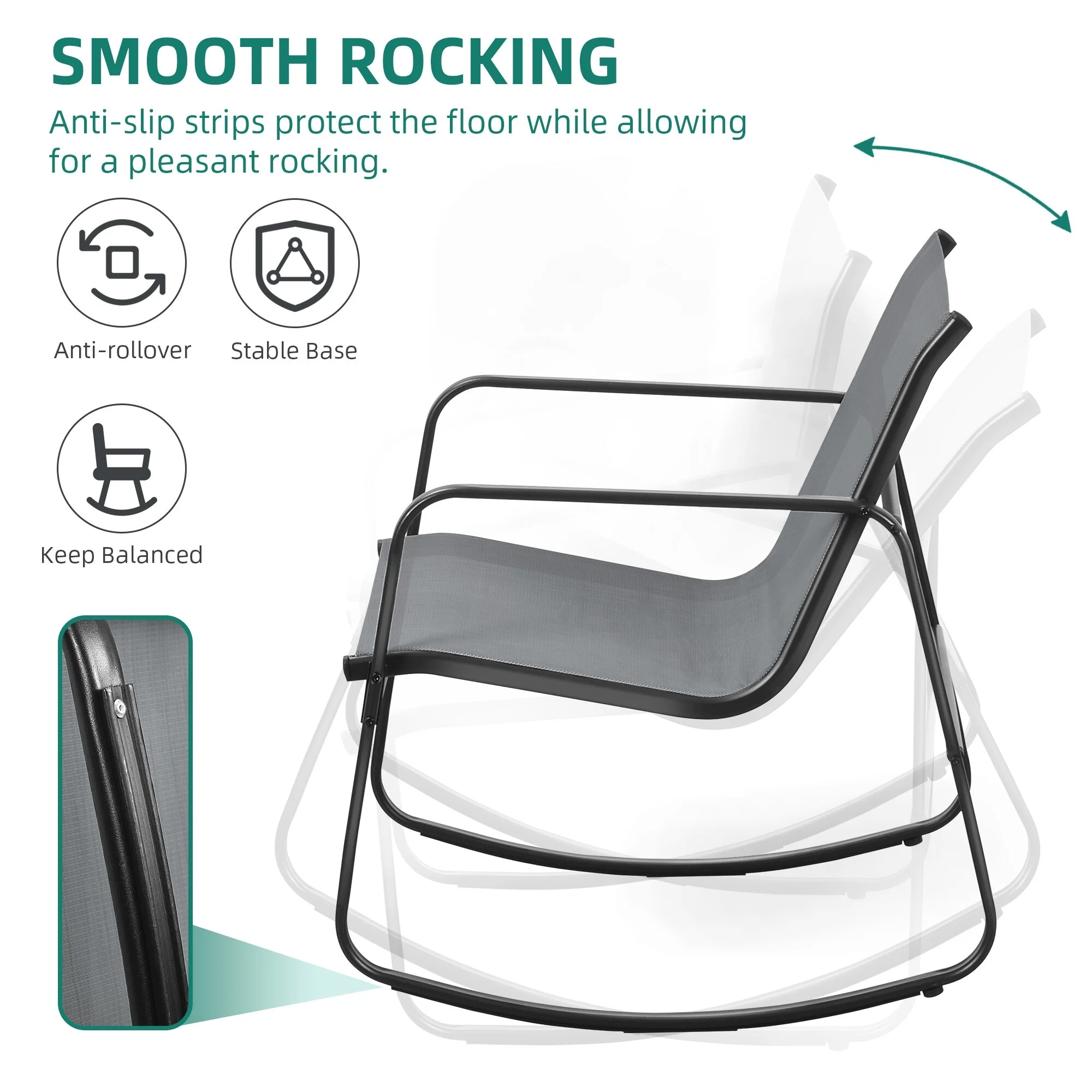 Mcferran's Inc Moasis 3 Piece Rocking Patio Furniture Bistro Set with Chairs and Glass Table Grey