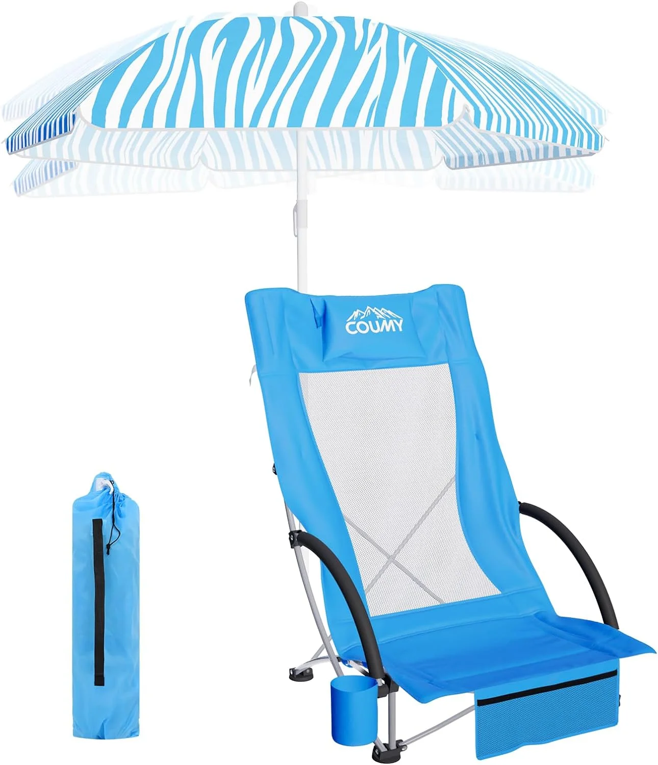 High Back Beach Chair with Umbrella,Low Beach Chairs for Adults, Portable Camping Chair Folding Beach Chair with Cup Holder & Carry Bag for Outdoor Sand Lawn (Blue)