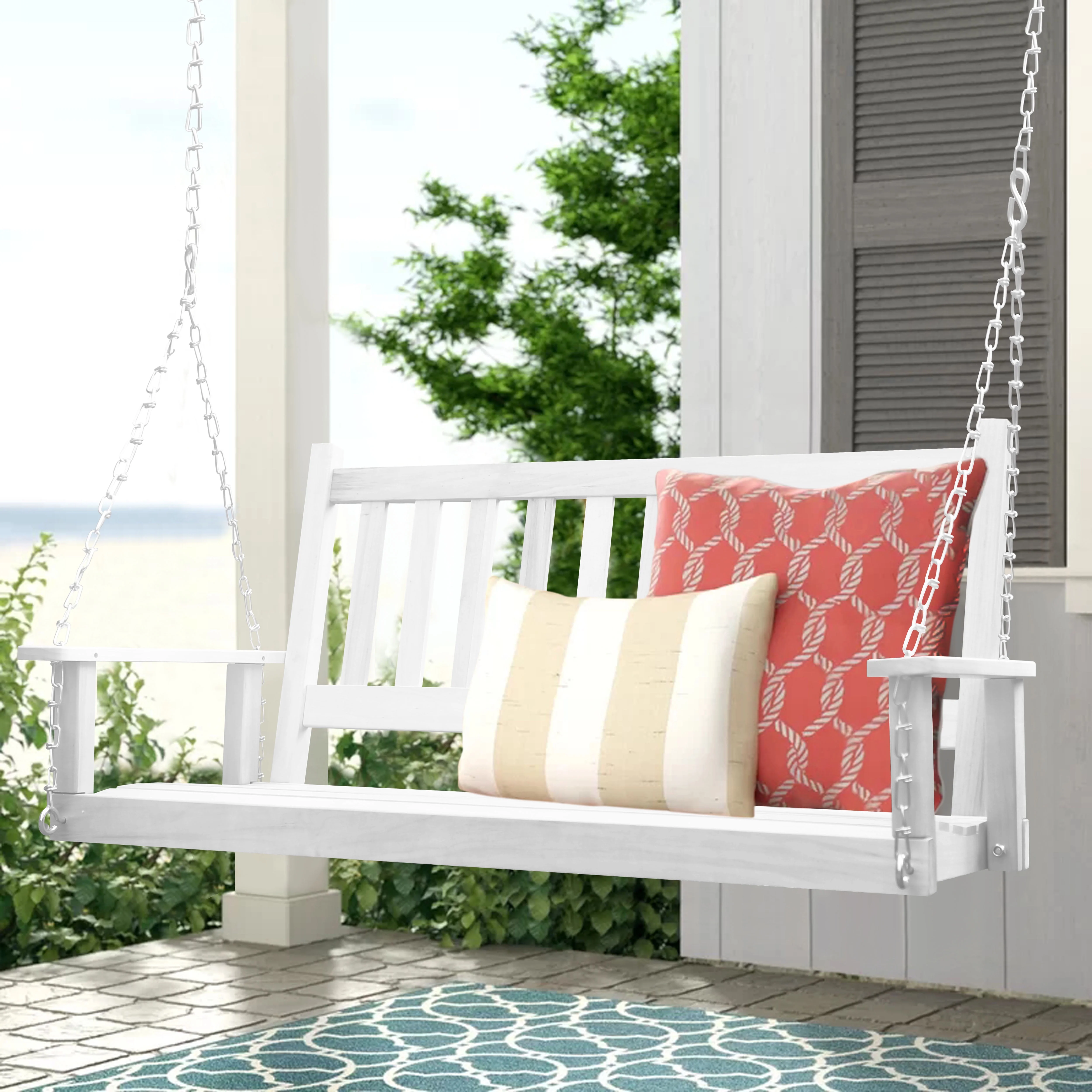 VEIKOUS 2-Seater Outdoor Porch Swing, Hanging Wooden Glider w/Hanging Chains for Patio,Backyard & Garden, White
