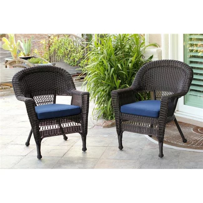 Jeco W00201-2-FS011-CS Espresso Wicker Chair with Blue Cushion - Set of 2