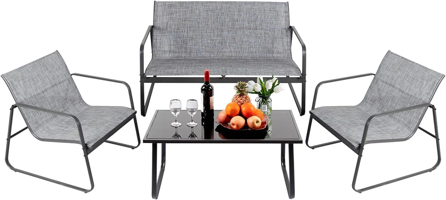 4 Pieces Patio Furniture Set Outdoor Patio Conversation Sets Poolside Lawn Chairs with Glass Coffee Table Porch Furniture for Courtyard, Garden and Balcony (Grey)