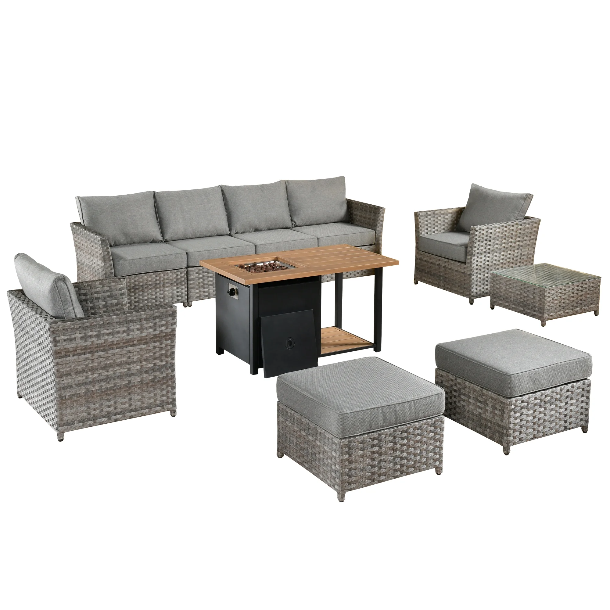 Vcatnet 10 Pieces Outdoor Patio Furniture Sectional Sofa All-weather Conversation Set with Fire Pit Table and Coffee Table for Garden,Backyard,Dark gray