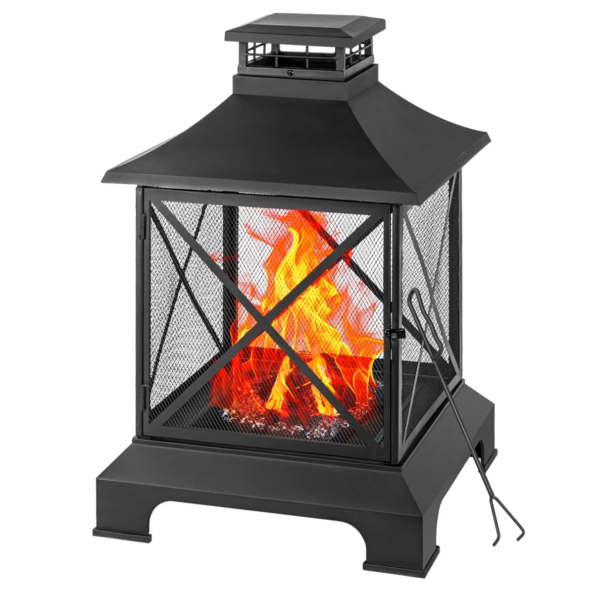YLtoohoom 24” Pagoda-Style Steel Wood-Burning Fire Pit with Log Grate and Poker - Black High-Temperature Paint Finish