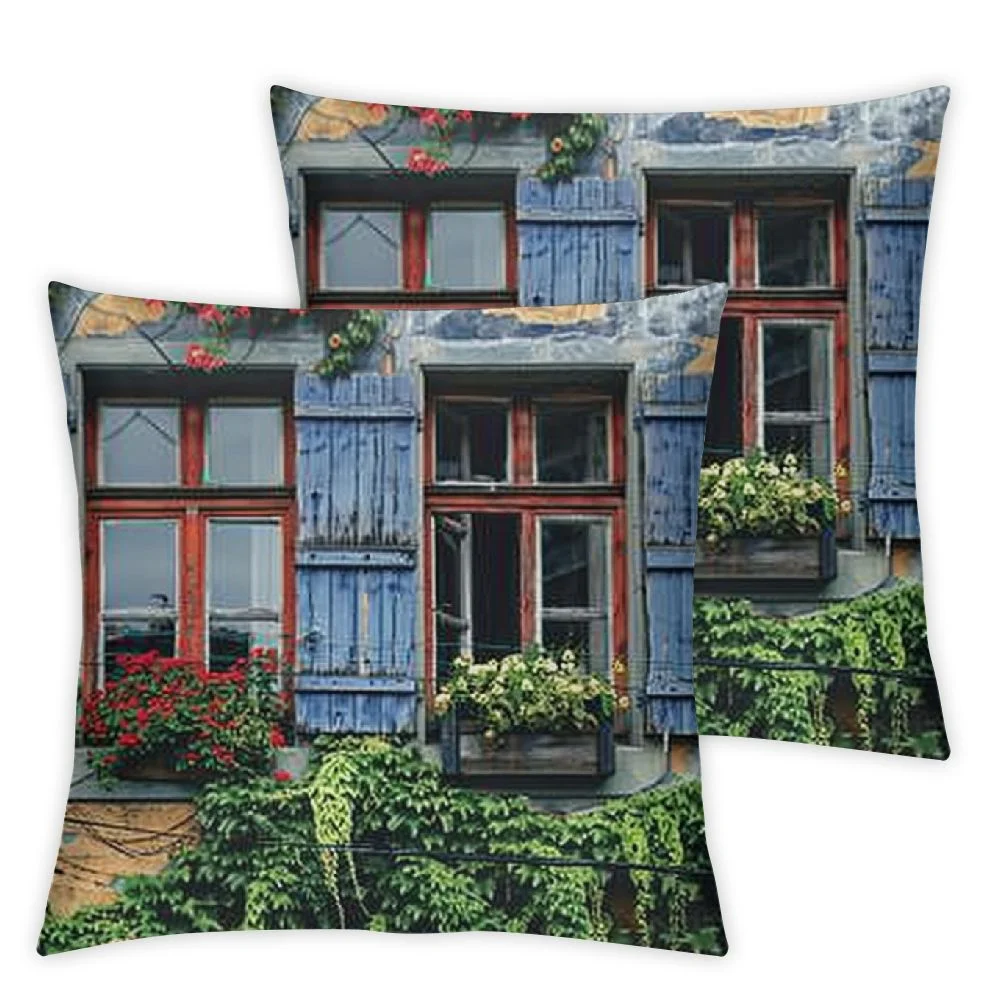 Geraniums Throw Pillow Cushion Cover, Real Picturesque Old Windows with Shutters and Flowers in Pots, Decorative Square Accent Pillow Case,  Beige and Multicolor