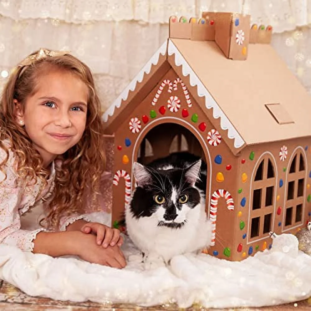 Gingerloaf House with Scratcher - Christmas Gingerbread Holiday Playhouse for Cats, Kittens, Rabbits, Bunny, with Giant Candy Sticker Sheet for Decorating