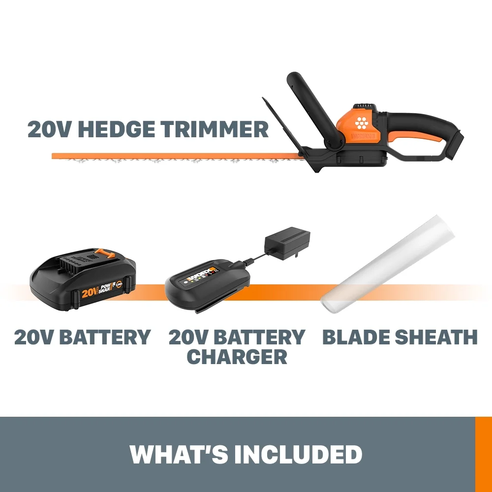 Worx WG261 20 Volt Power Share Cordless Battery 22 Inch Hedge Trimmer, Orange