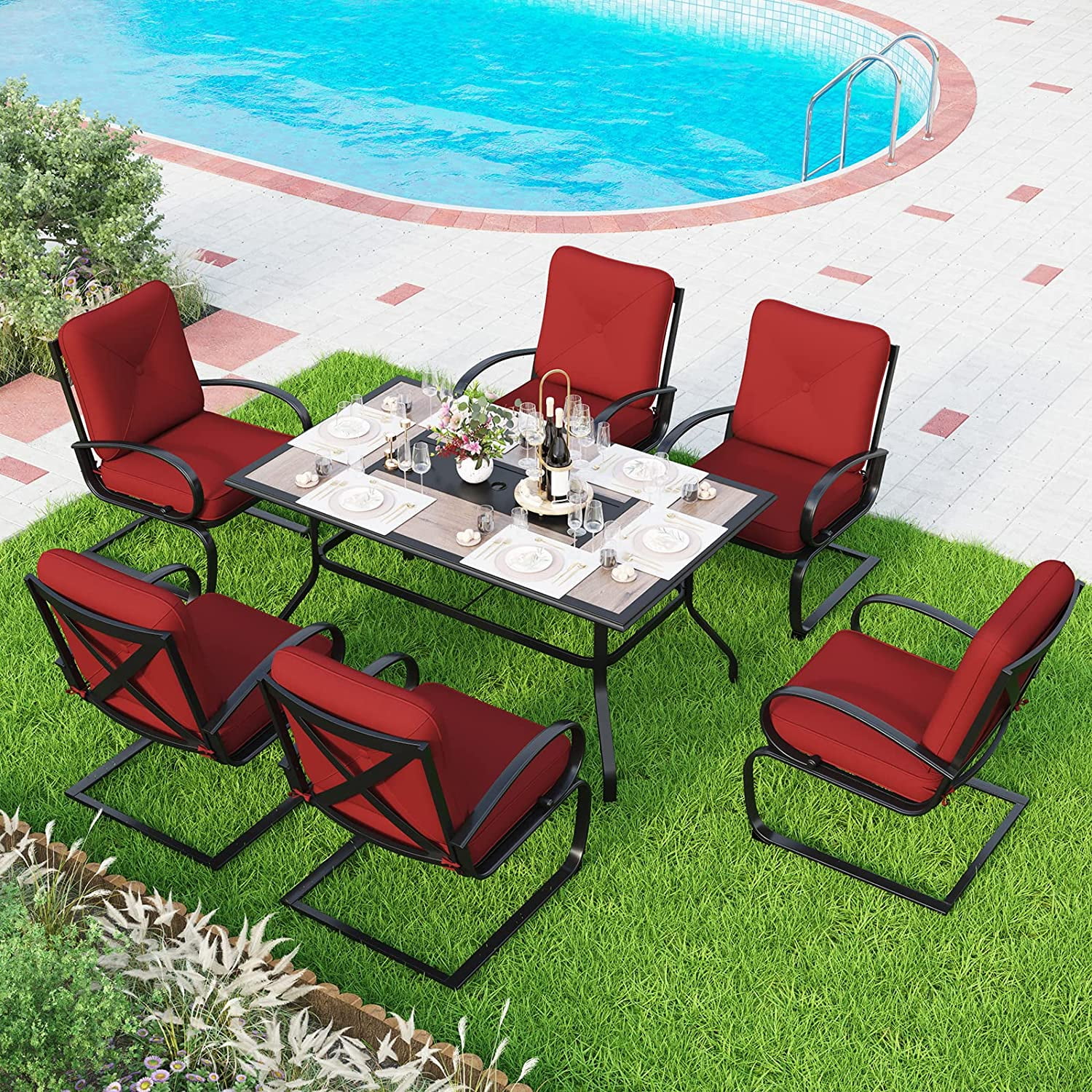 7 Piece Outdoor Patio Dining Set 6 Spring Motion Cushion Chairs  1 Rectangular Table with 1.57" Umbrella Hole Furniture Sets for Lawn Backyard Garden
