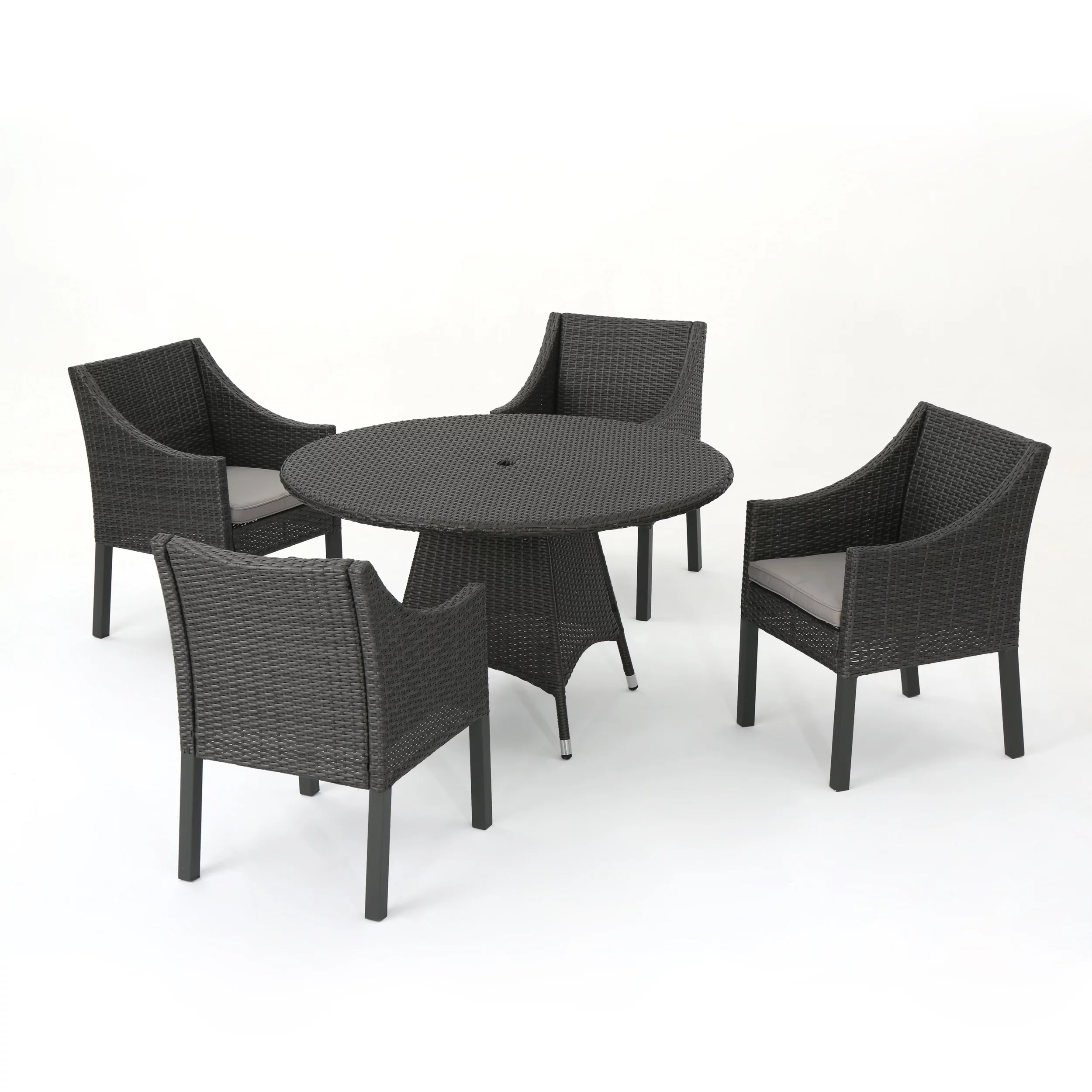 Leo Outdoor 5 Piece Wicker Round Dining Set with Cushions, Grey, Silver