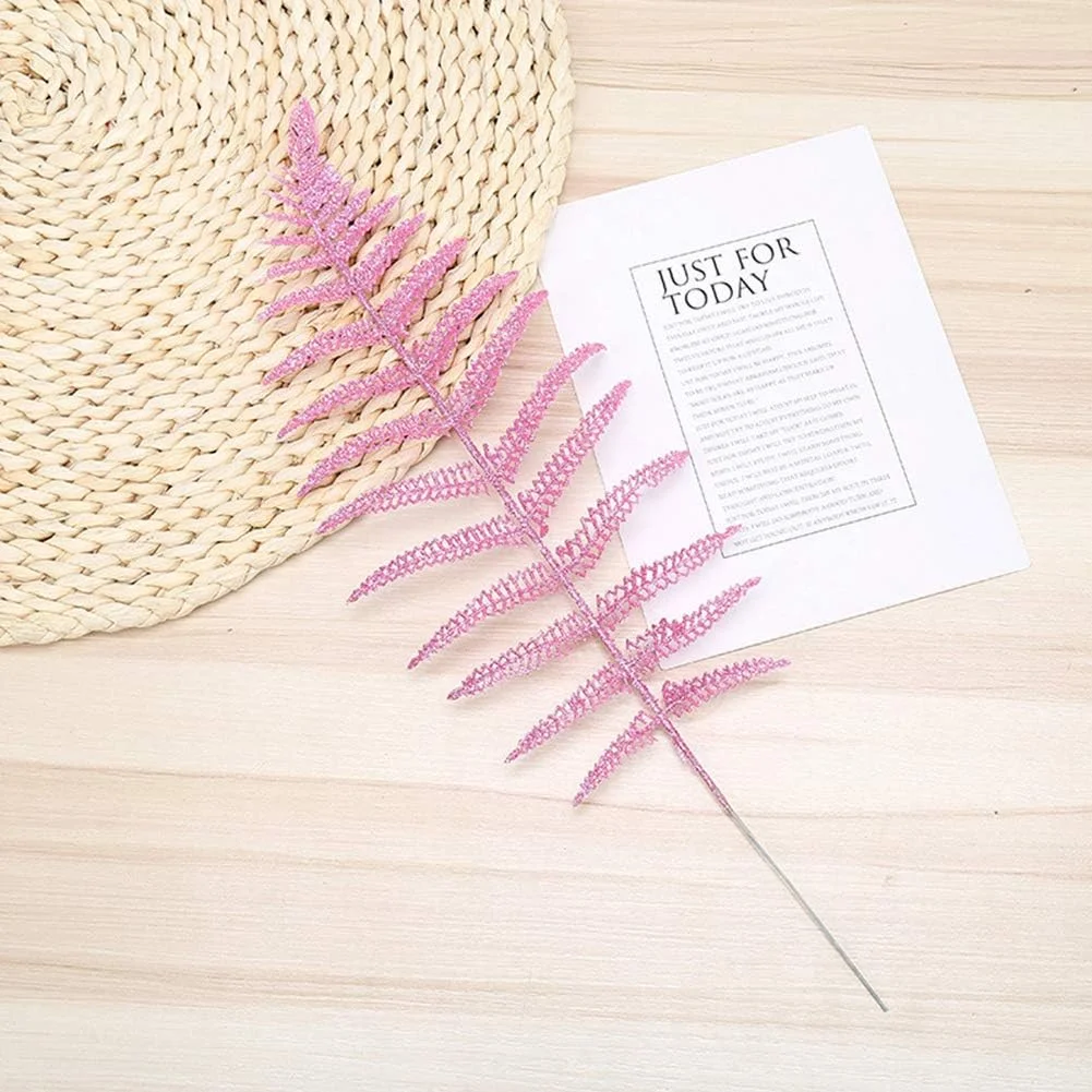 Nvzi Decorative Glitter Hollow Leaf, 10pcs Artificial Fern Plant Persian Stem Leaves Christmas Spray Ornament for Holiday Party Xmas Tree Decor （Pink）