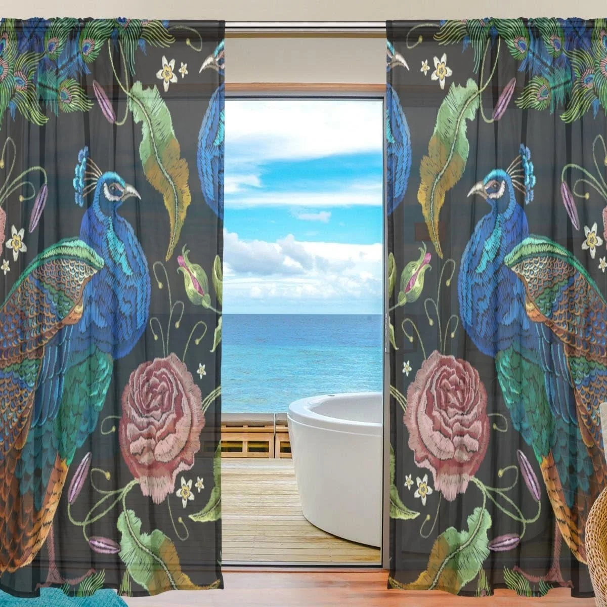 Hidove Floral Peacocks Flowers Peonies Semi Sheer Curtains Window Voile Drapes Panels Treatment-55x78in for Living Room Bedroom Kids Room, 2 Pieces