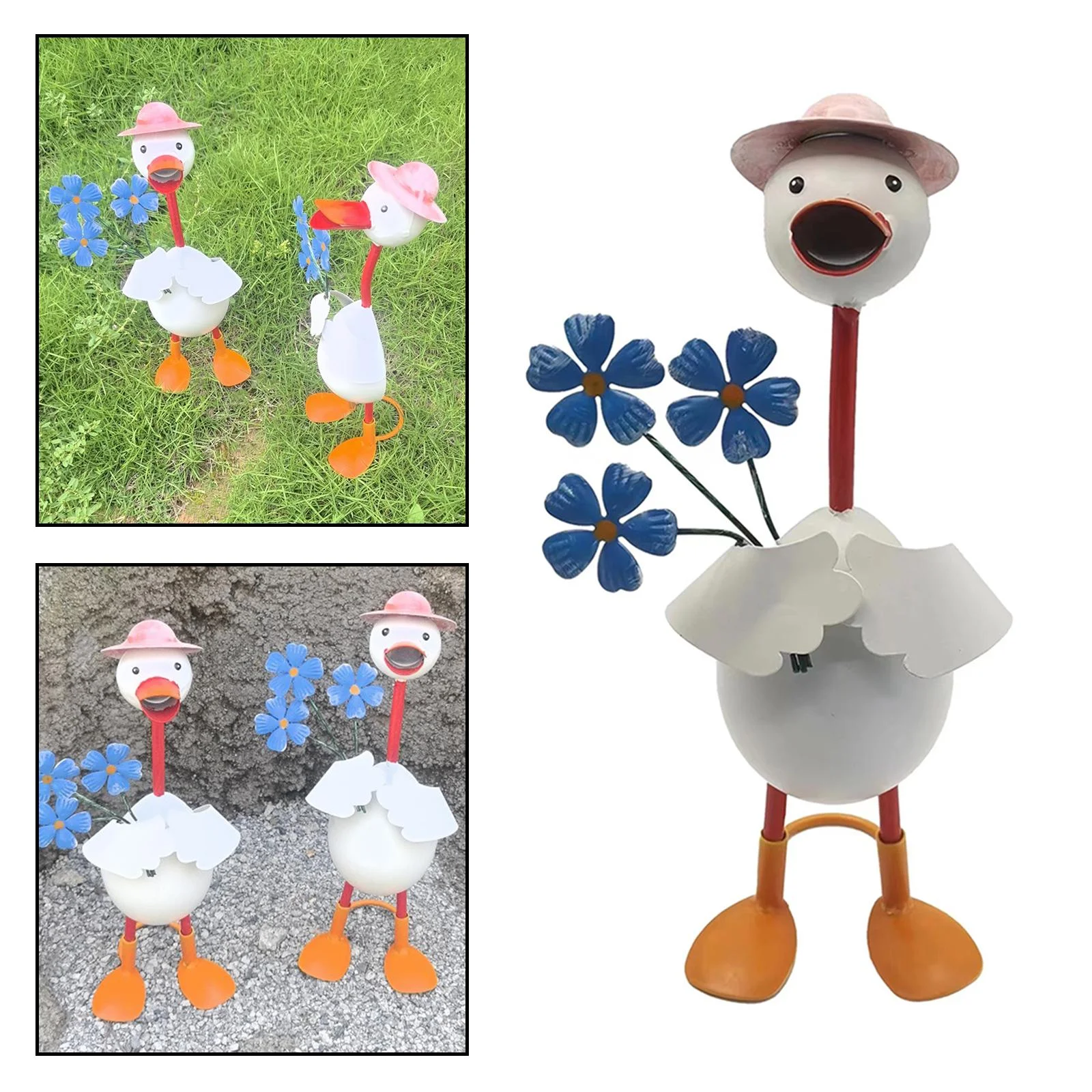 LOVIVER Duck Garden Statue Animal Garden Statue Lovely Ornament for Pond Lawn Garden Blue Flowers