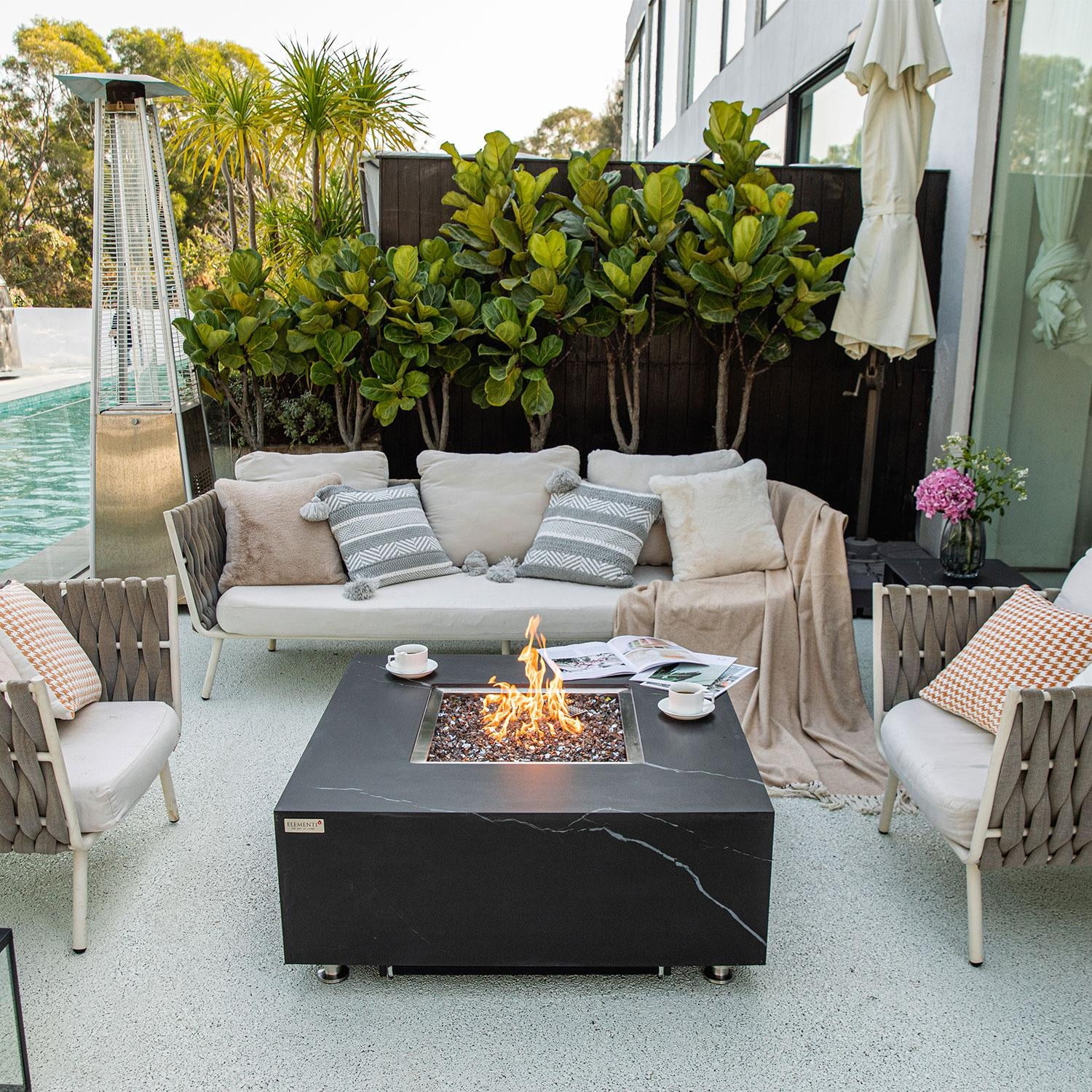 Bethbrook 39 Inch Square Concrete Propane Fire Pit Table in Black By Lakeview Outdoor Designs