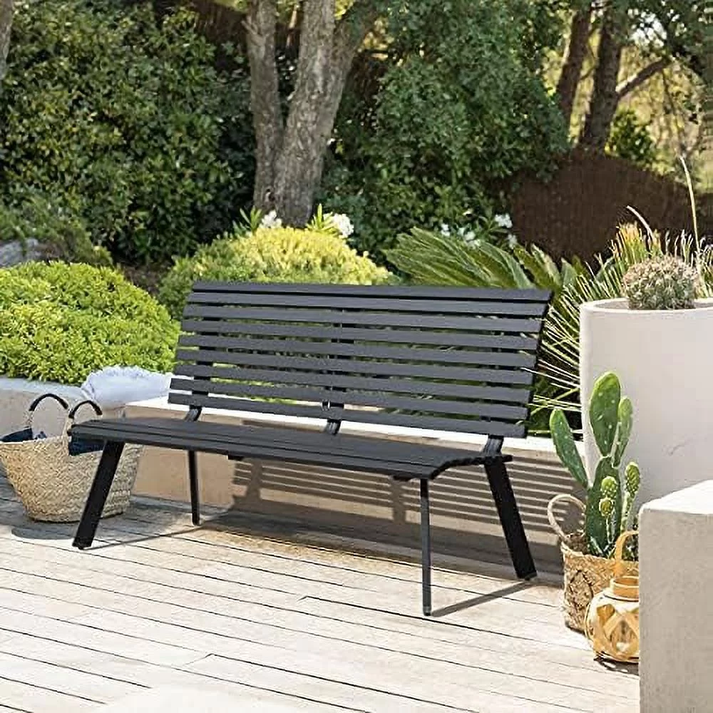 HBLUKDL Outdoor Aluminum Garden Bench  Patio Porch Chair   Slatted Design w/Backrest  Dark Grey