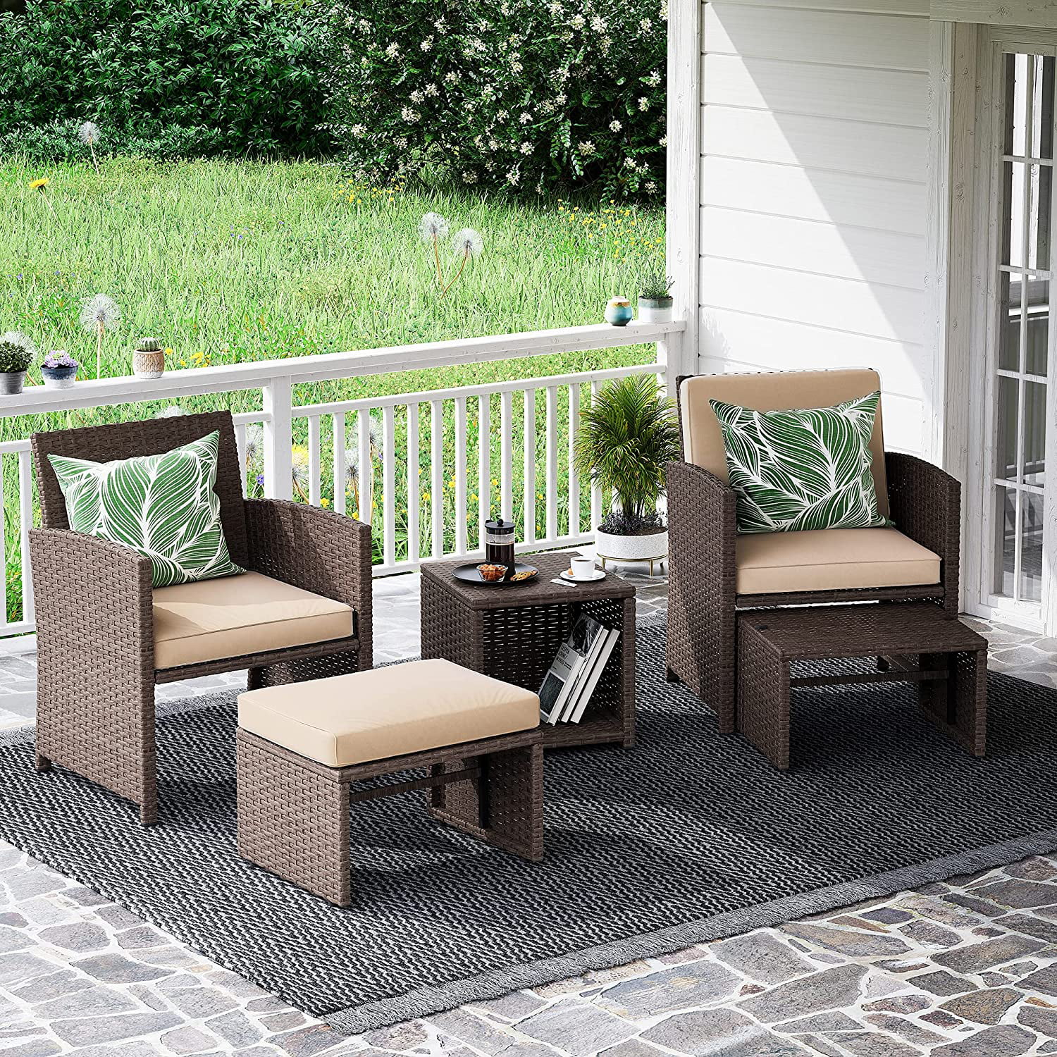 5 Pcs Patio Conversation Set Balcony Furniture Set with Beige Cushions, Brown Wicker Chair with Ottoman, Storage Table for Backyard, Garden, Porch