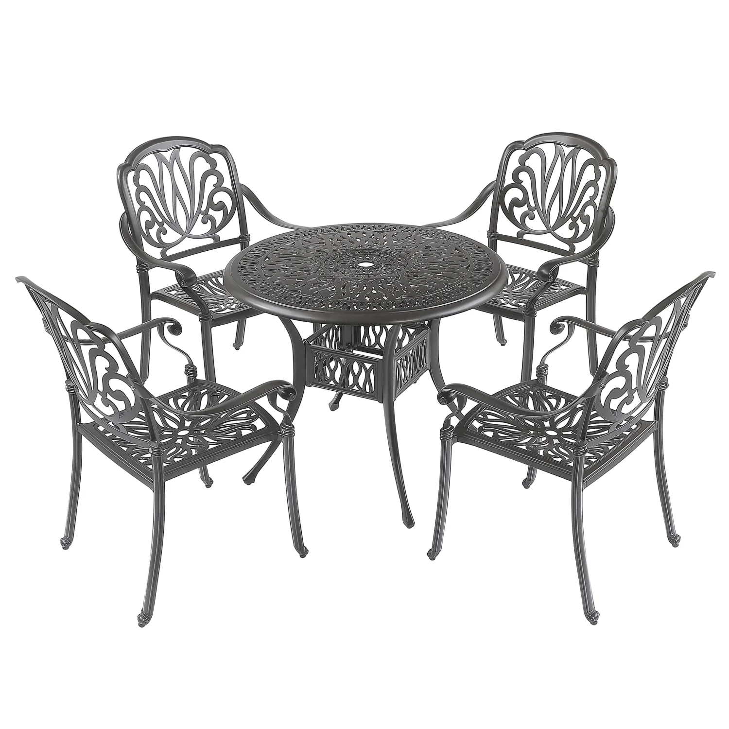 Modern and Elegant 5-Piece Outdoor Furniture Dining Set with Weather-Resistant Cast Aluminum Material in Stylish Black Color. Includes 1 Round Table and 4 Chairs with Umbrella Hole for Pa