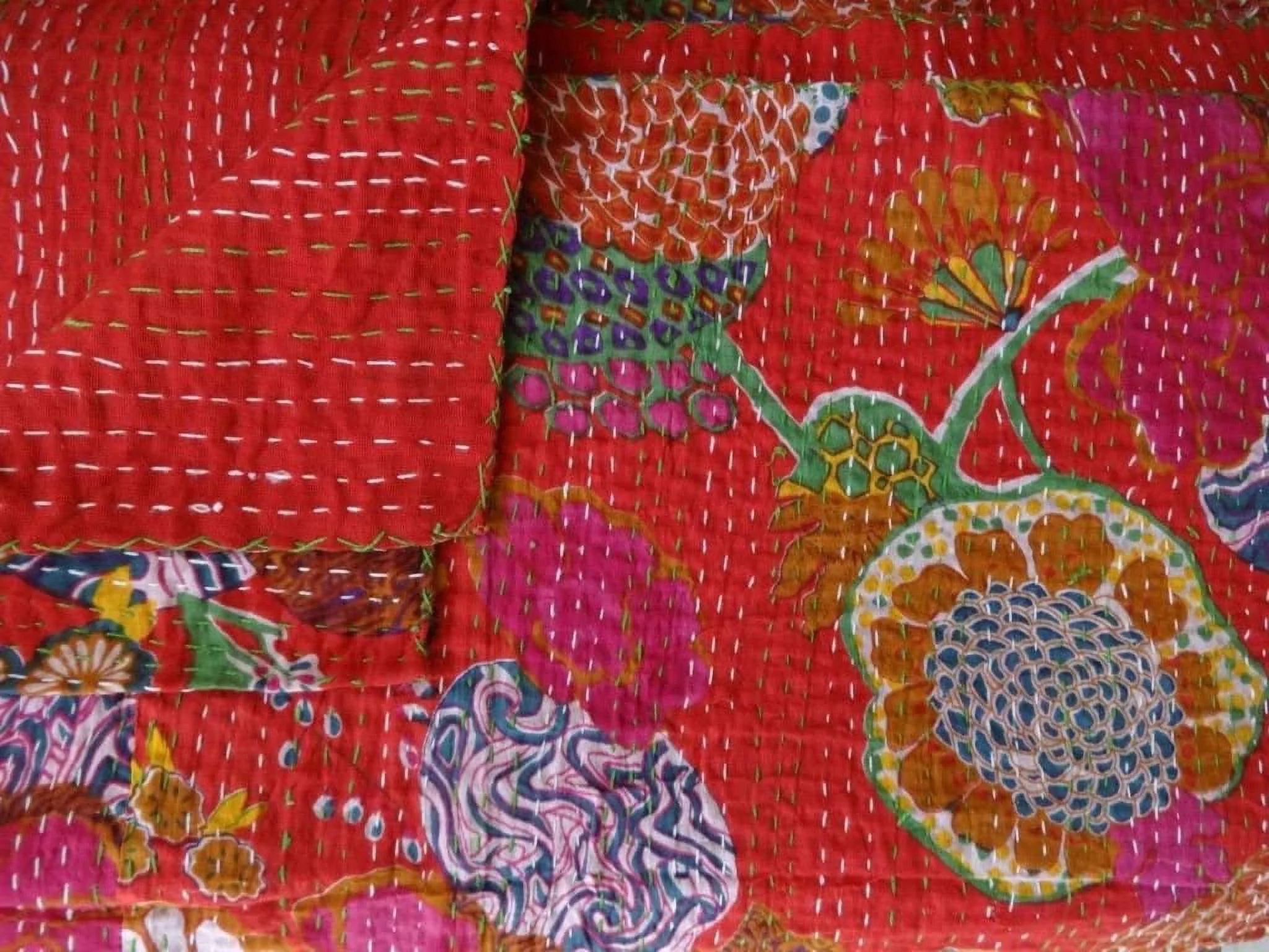 Indian Handmade Kantha Fruit Floral Print Bedding Bedspread Quilt Throw Pure Cotton Twin/Queen Size Blanket Bed Cover Gudri