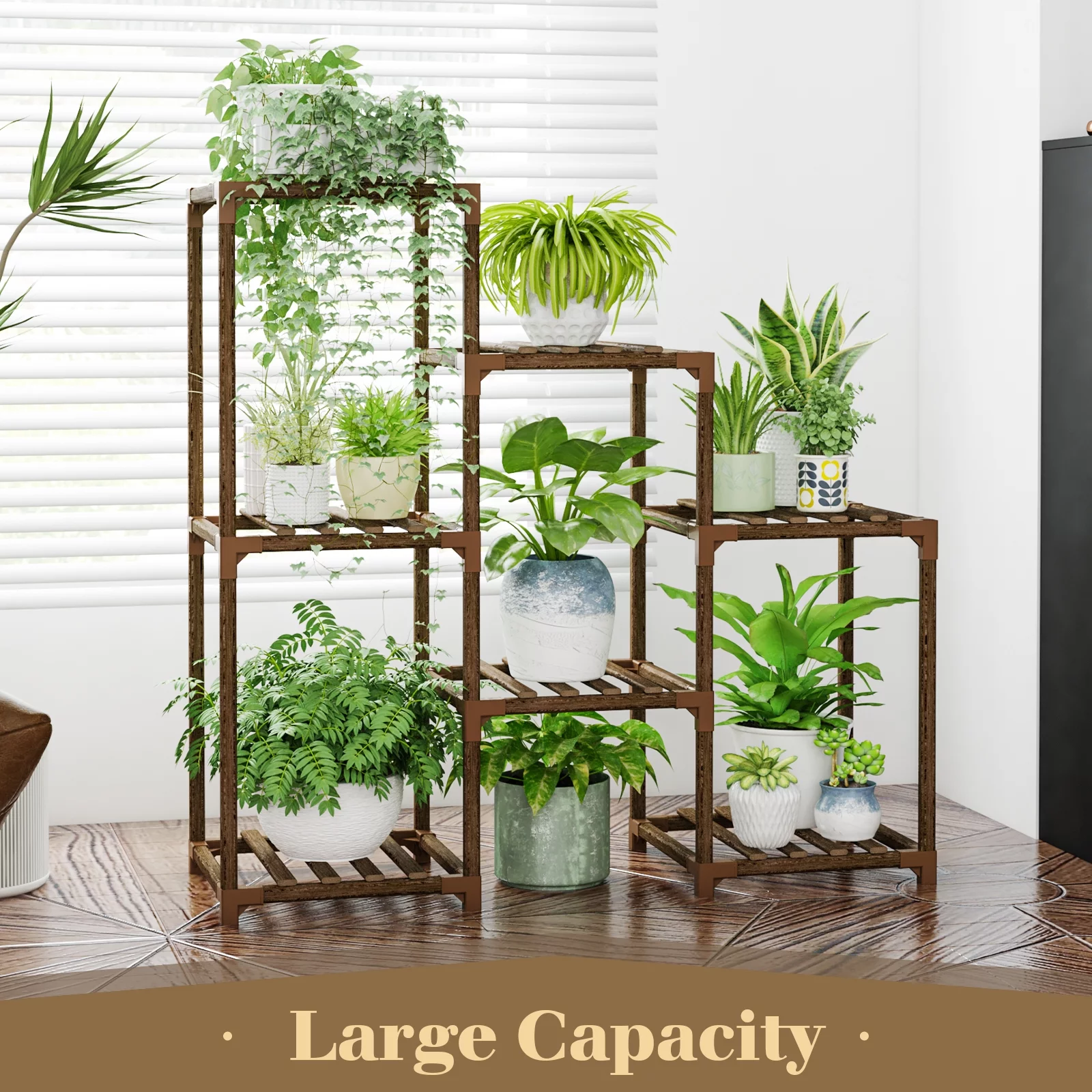 Bamworld Plant Stand Outdoor Black Plant Shelf Indoor Tiered Plant Table for Multiple Plants 3 Tiers 7 Potted Ladder Plant Holder Table Plant Pot Stand for Window Garden Balcony Living Room