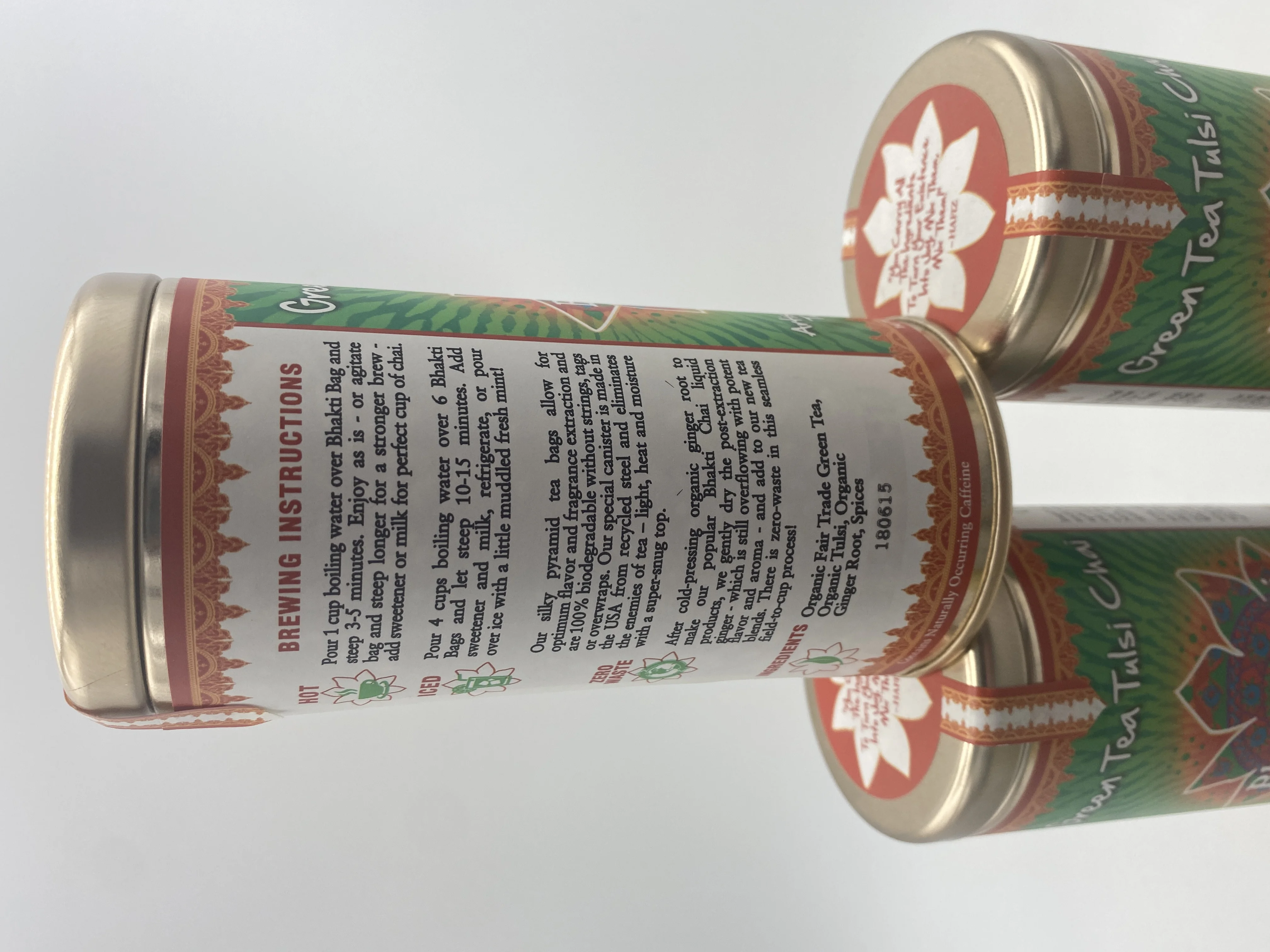 Green Tea Tulsi Chai Bhakti Chai Artisan Blend of Green Tea Tulsi,Ginger & Spices (6 Canisters) 16 Silk Pyramid Bags Each