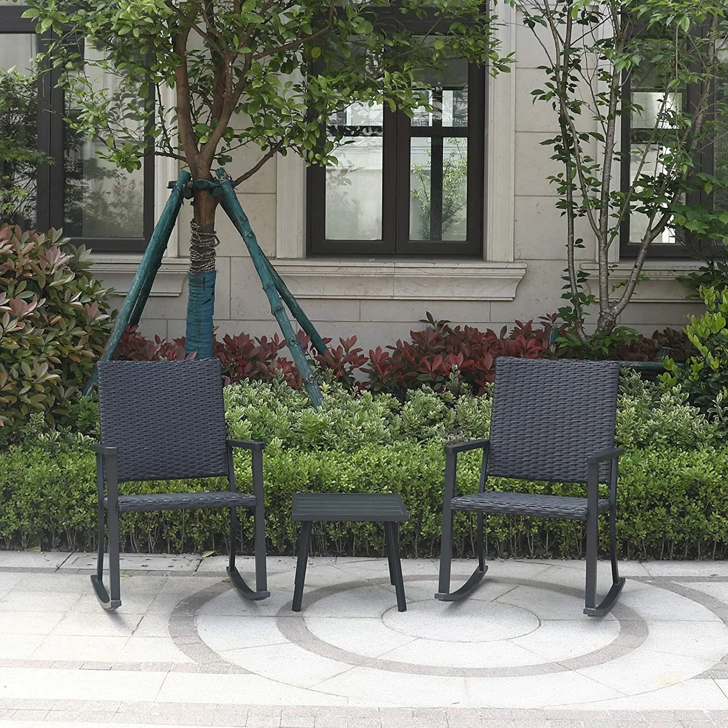 MINGFENG Outdoor Rocking Chair for Outside Patio Porch, Metal Frame, Black All Weather Wicker