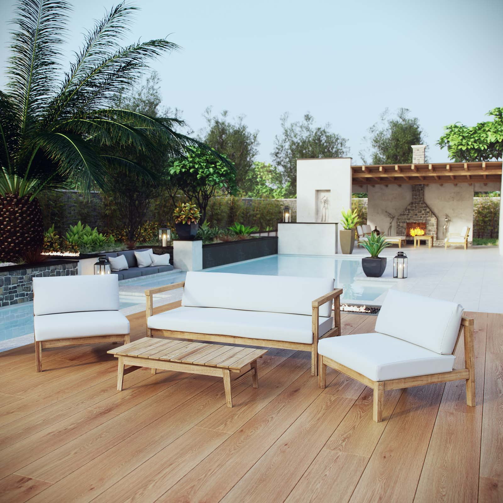 Modern Contemporary Urban Design Outdoor Patio Balcony Garden Furniture Lounge Chair, Sofa and Table Set, Wood, White Natural