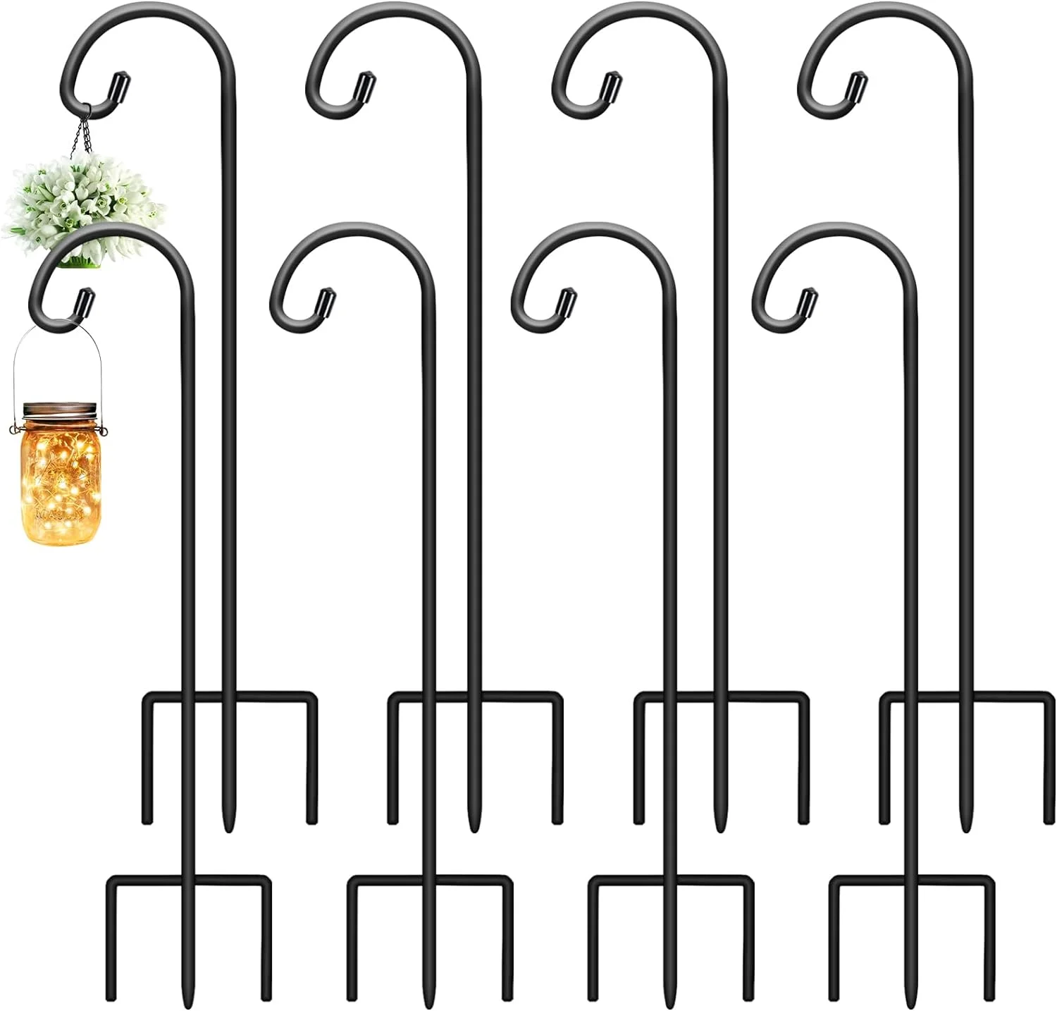 8 Pack Shepherds Hooks for Outdoor 48 Inch Garden Hooks for Hanging Plants, Lanterns, Bird Feeders, Solar Lights, Mason Jars, Weddings Decor, Adjustable, Matte Black