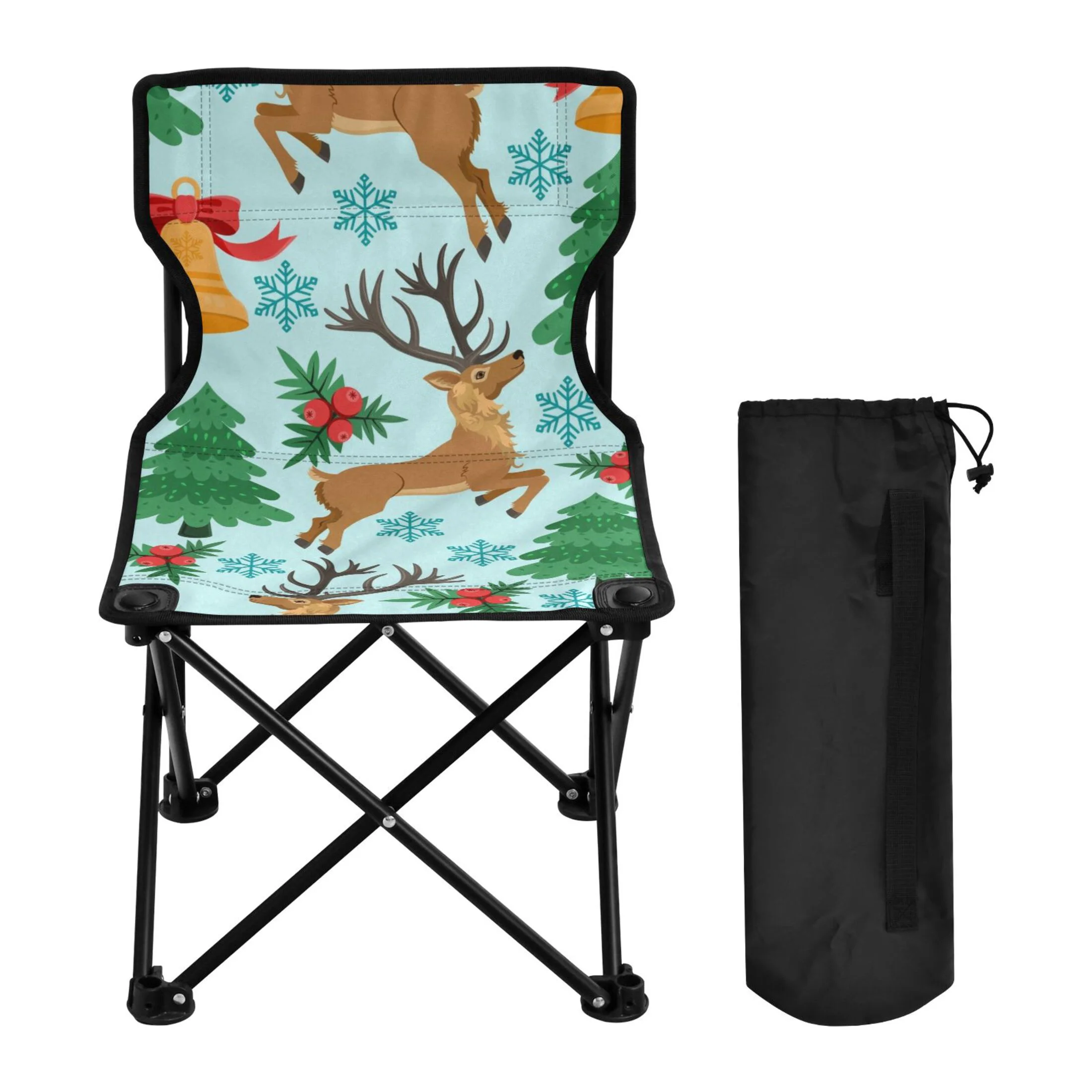 Christmas Bells and Reindeers Portable Camping Chair Small for Kids Outdoor Folding Beach Chair Fishing Chair Lawn Chair with Carry Bag
