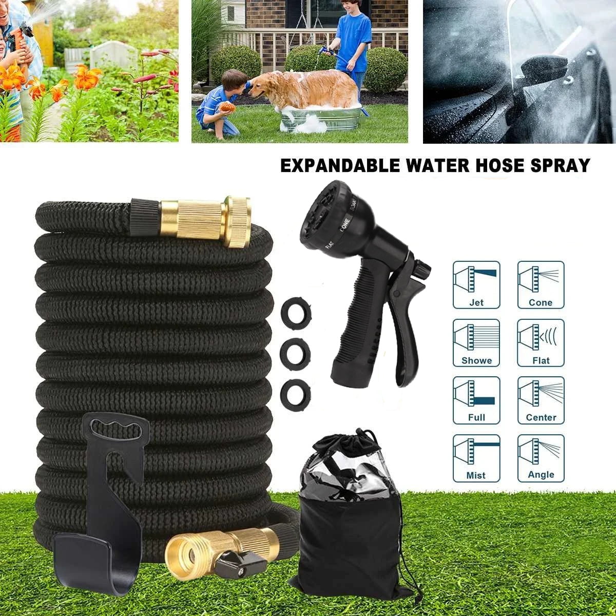 Garden Hose 50ft, Flexible Hose with 10 Function Hose Nozzle, Non-Expandable, Lightweight, Kink-Free and Easy Storage Water Hose for Outdoor, Watering, Car Wash，Black