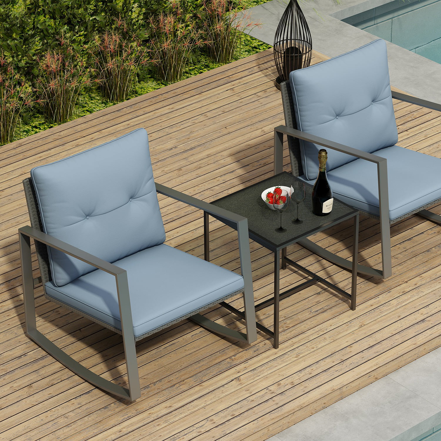 Avel 3-Piece Sturdy Patio Furniture Set -2 Chairs With A Solid Perfect Glass Table - Grey