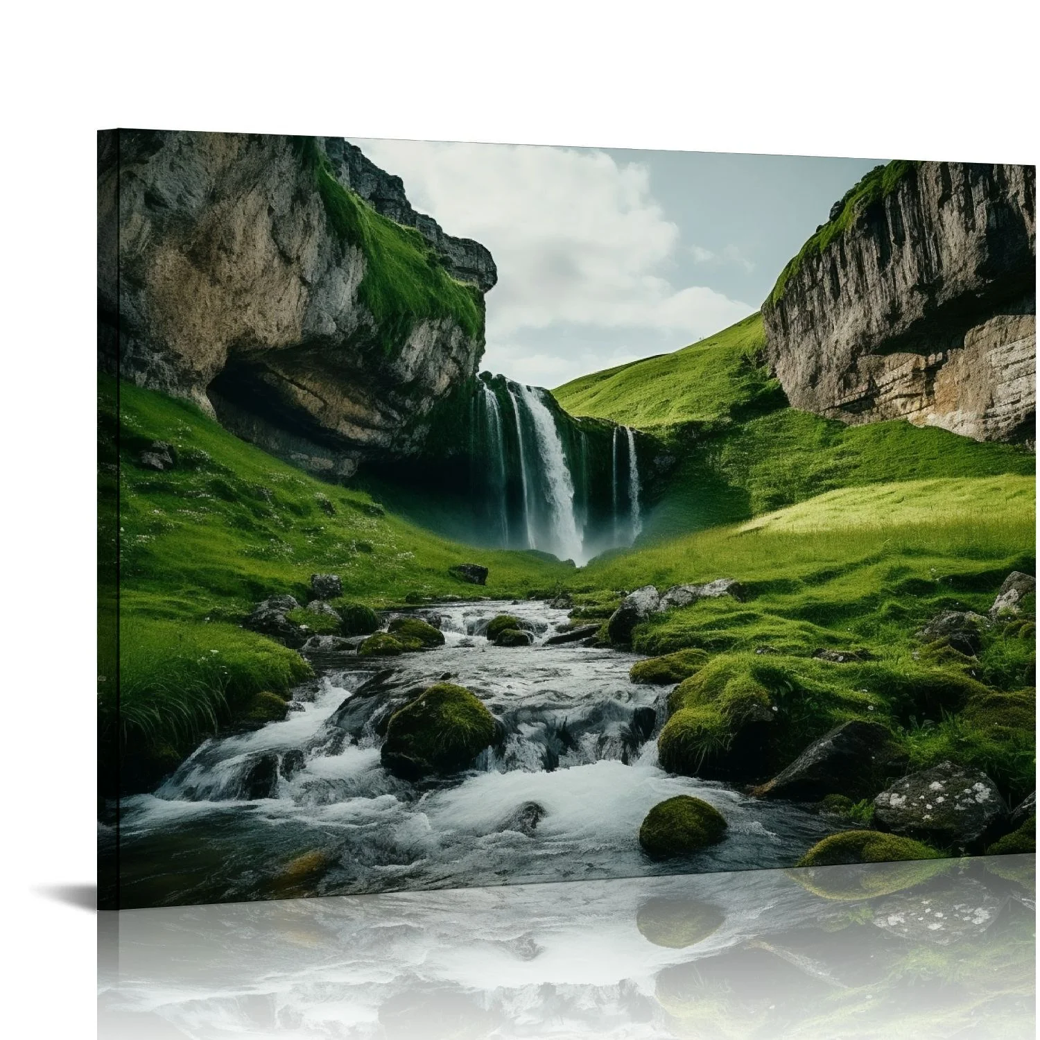 Nawypu  Canvas Print Wall Art Iceland Waterfall & Cottages Nature Wilderness Photography Realism Rustic Landscape Colorful Multicolor Ultra for Living Room, Bedroom, Office