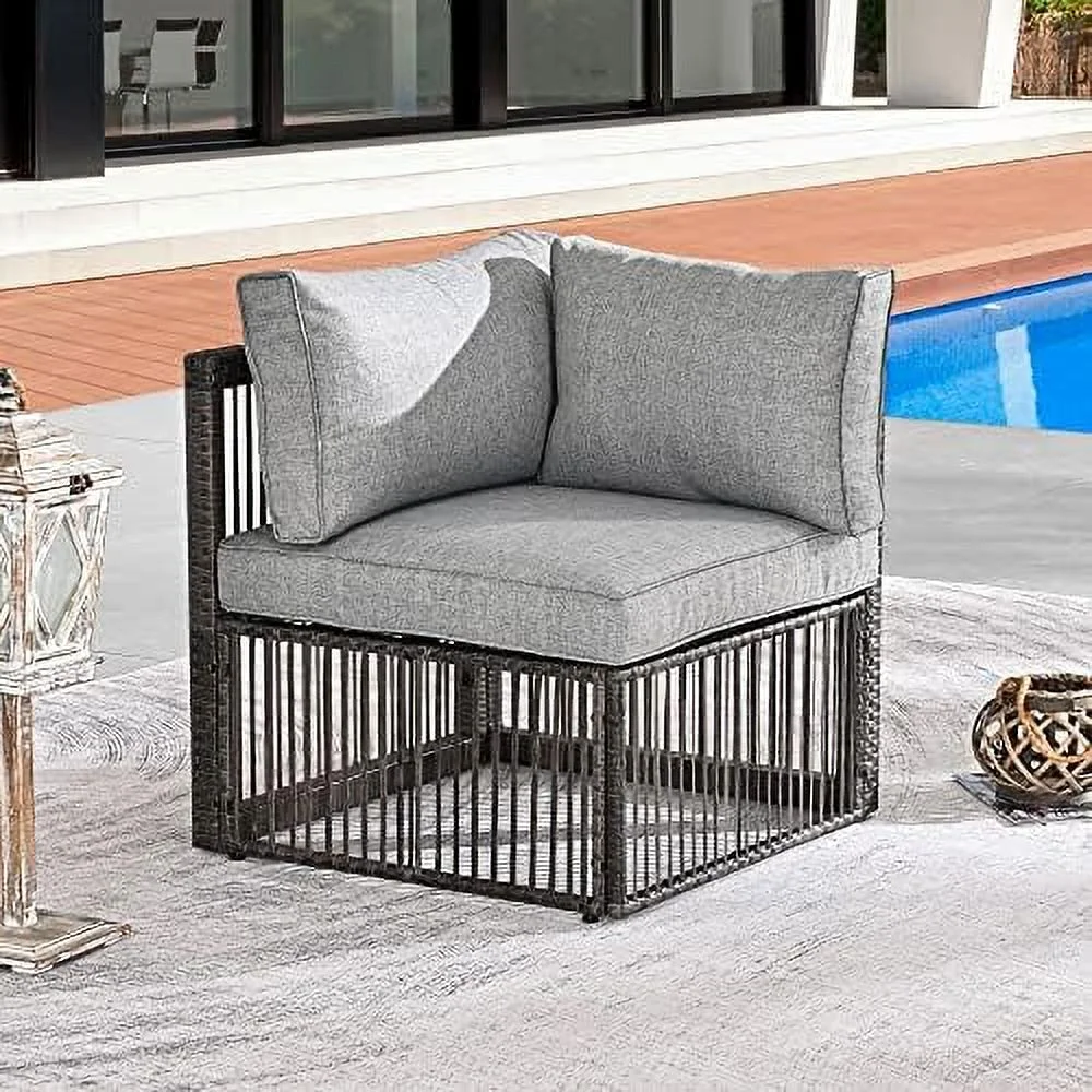 HYHBIBOOM Wicker Patio Single Sofa  Outdoor Corner Left-arm Chair  All-Weather Brown PE Rattan Chair Waterproof Sectional  for Balcony Garden Pool Lawn Backyard (Grey Thick Cushion)