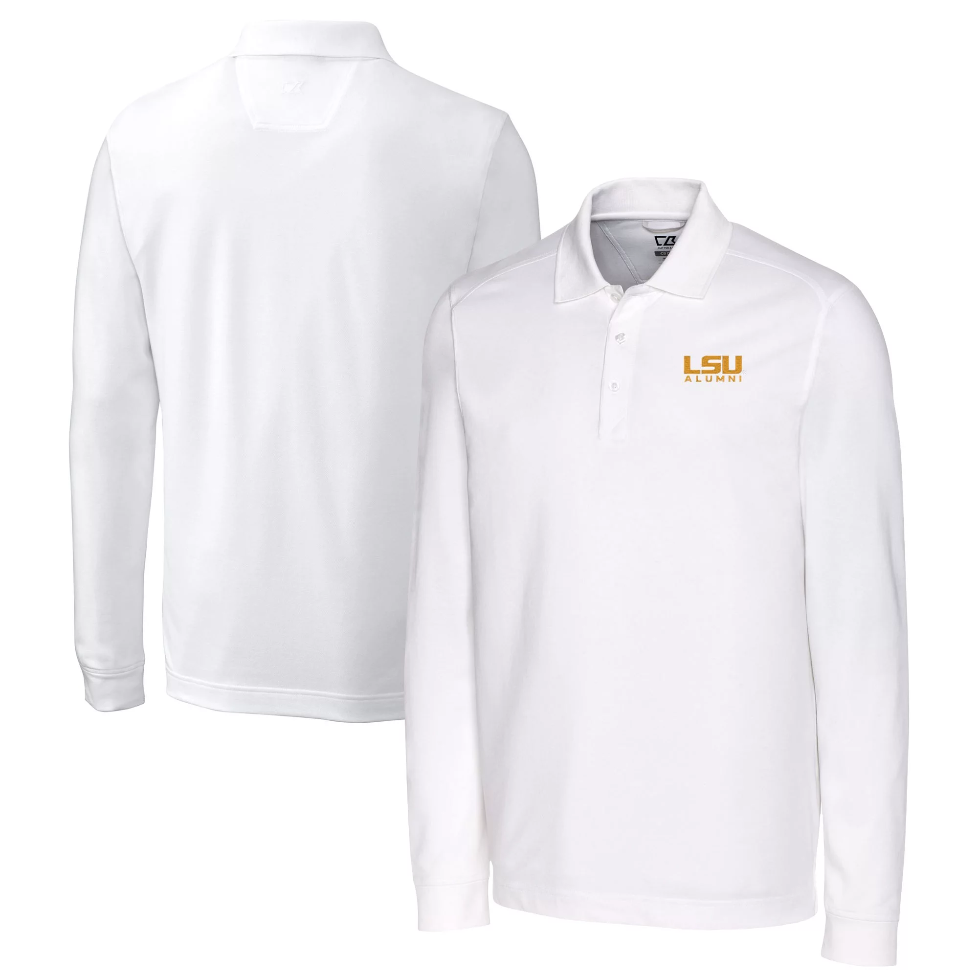 Men's Cutter & Buck  White LSU Tigers Alumni Logo Advantage Tri-Blend Pique Long Sleeve DryTec Polo