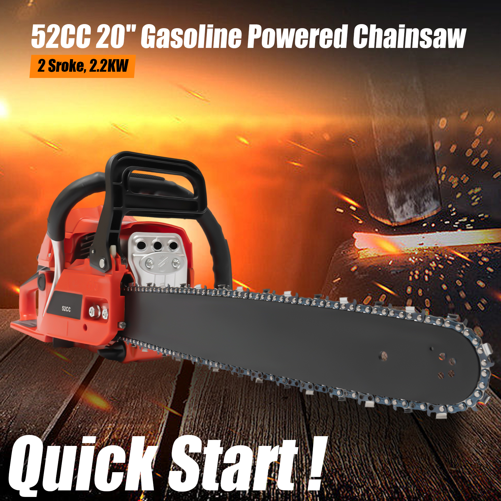 2-Stroke 2.2KW 52cc Gas Powered Chainsaw 20in Handed Petrol Gasoline Chain Saw 10500rpm, Single Cylinder, Air-Cooled