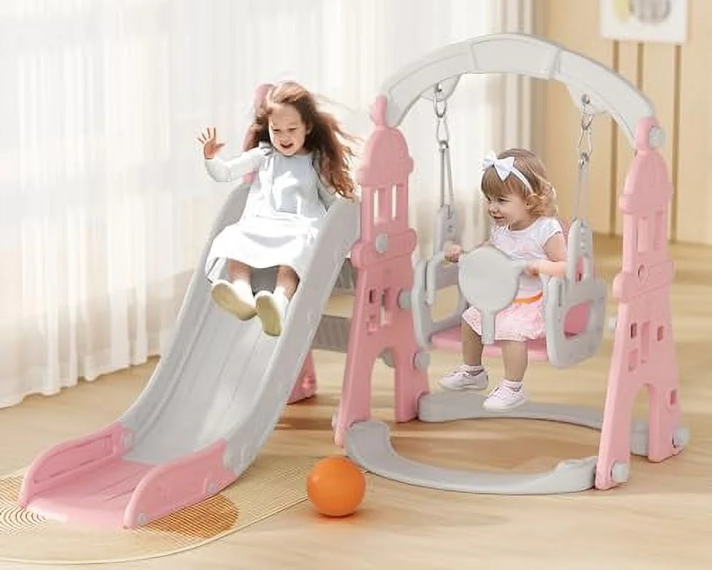 Glaf 5-in-1 Toddler Swing and Slide Set Baby Slide Indoor Playground Outdoor Playsets for Backyards with Basketball Hoop, Ball and Extra Long Slide Toddler Swing Set with Slide (Pink)