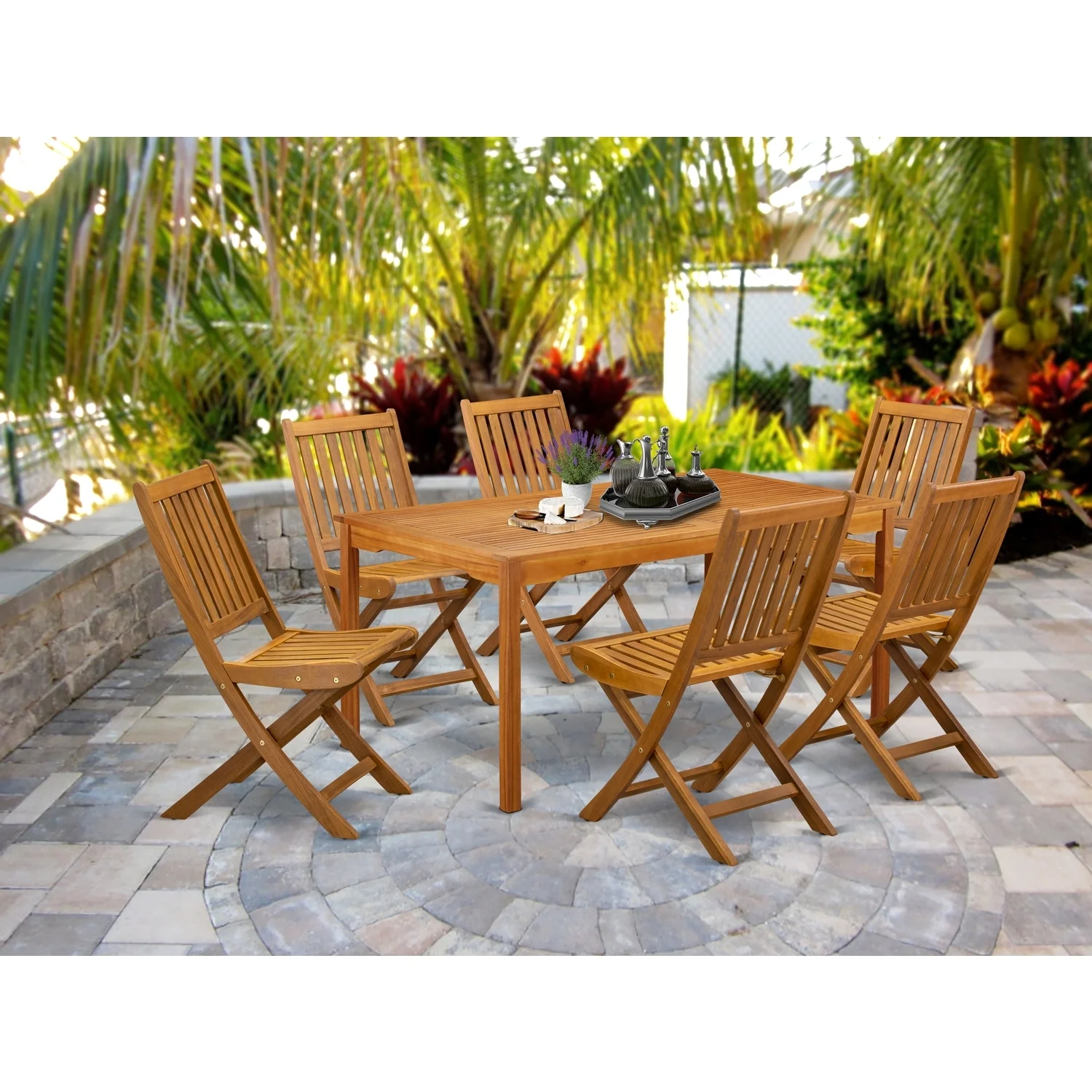 HomeStock Artistic Accomplishment 7-Pc Outdoor Table Set- 6 Patio Chairs Slatted Back And Outdoor Table And Rectangular Top With Wood 4 Legs - Natural Oil Finish