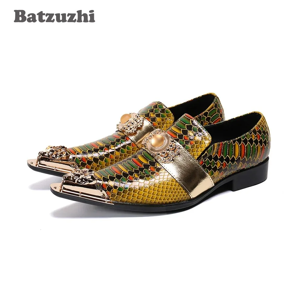 Batzuzhi Japanse Type Men's Shoes Genuine Leather Dress Shoes Pointed Toe Slip on Gold Party/Business/Wedding Zapatos Hombre!