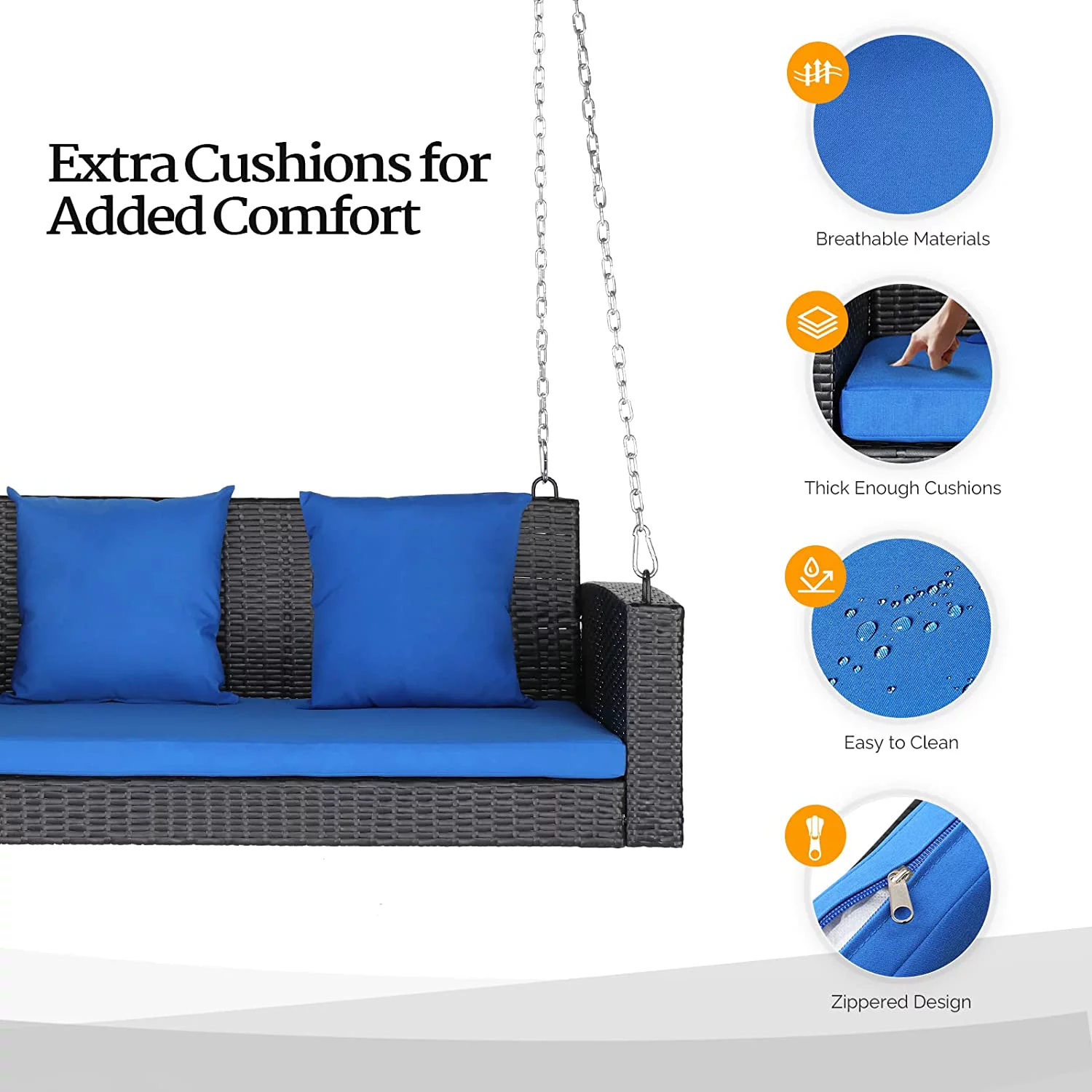 Elegant Heavy Duty 800 LBS Rattan Porch Swing Outdoor with Cushions & Adjustable Chains, 4FT Elegant Wicker Swing Bench for Garden, Yard, Lawn, Tree (Black Rattan)