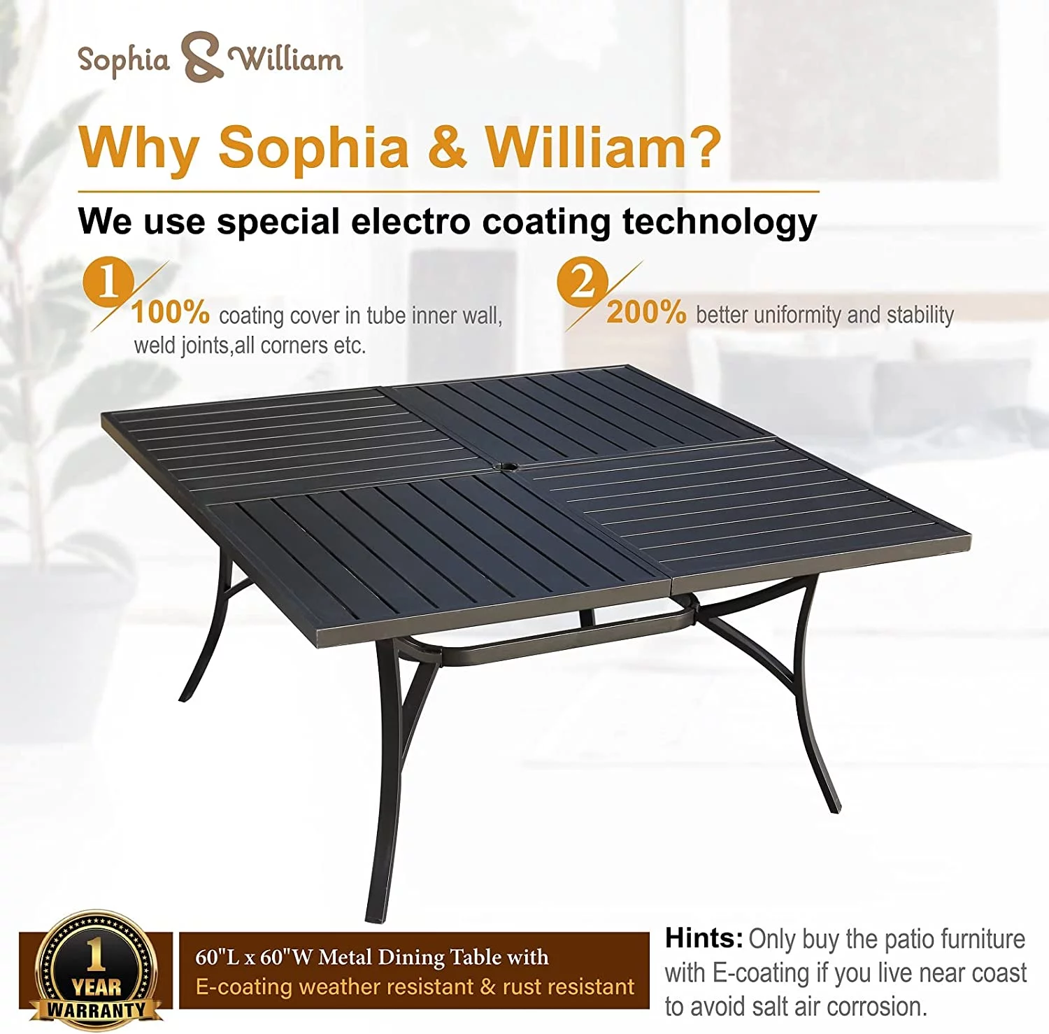 & William 9 Pieces Patio Dining Set for 8  Outdoor Furniture with 1 X-Large E-Coating Square Metal Table and 8 Black Portable Folding Sling Chairs  Outdoor Table & Chairs for Porc