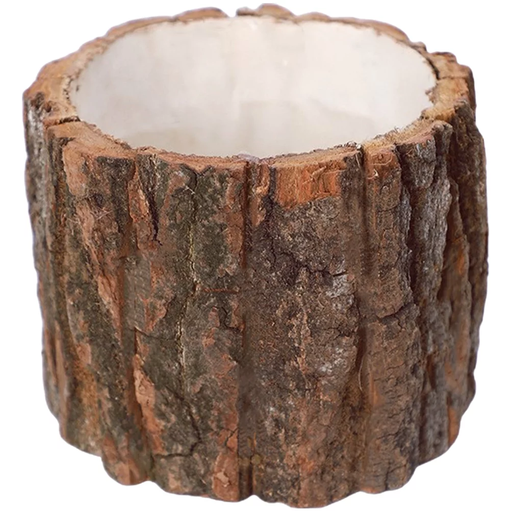 Qumonin Wood Bark Flower Pot Rustic Succulent Planter 12CM Wooden Barrel Planters