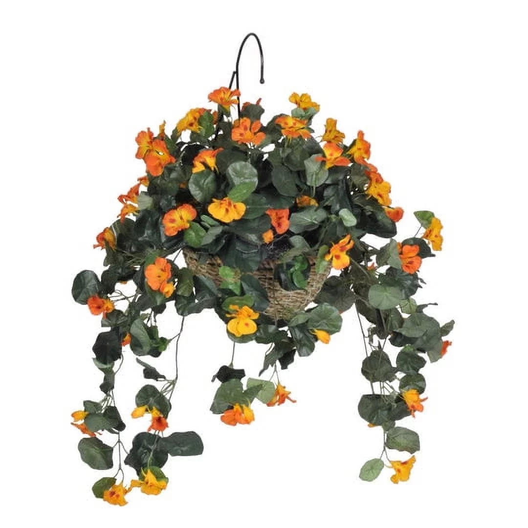 House of Silk Flowers Artificial Orange Yellow Nasturtium in Natural Water Hyacinth Hanging Basket