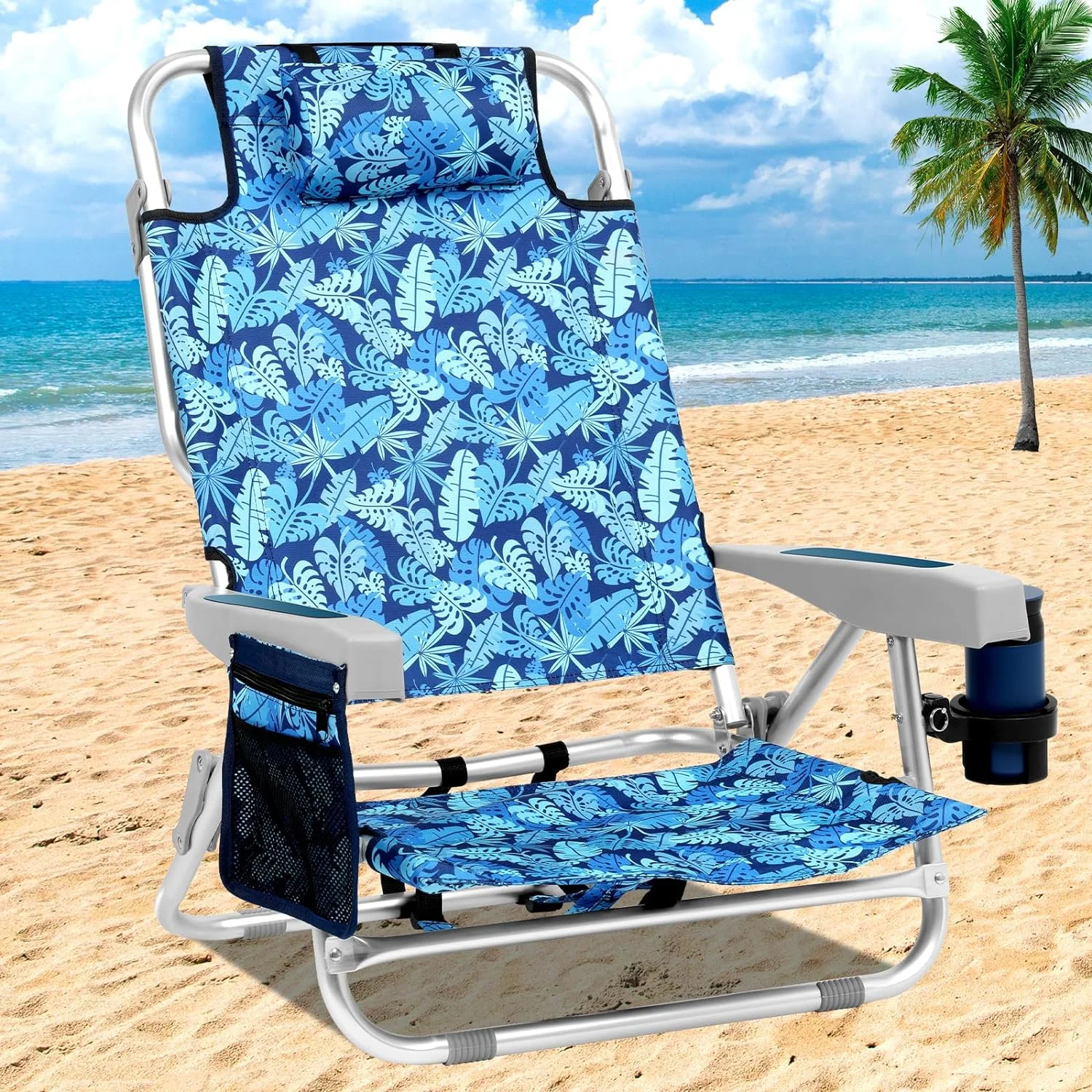 Folding Beach Chair Backpack for Adults, 5 Positions Adjustable Beach Chairs Heavy Duty Beach Seat Foldable with Large Cooler Pouch and Cup Holder Pocket, Up to 350 LBS Support